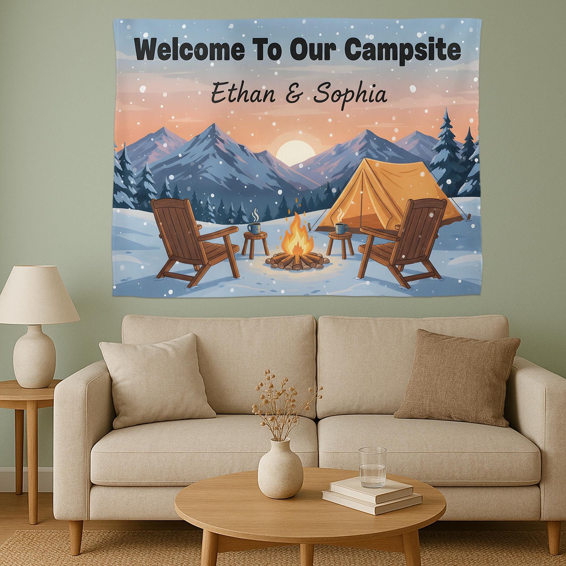 Personalized Welcome To Our Campsite Tapestry, Custom Couple Name Sign, Winter Mountain Wall Hanging, Decor for RV, Camper Gift