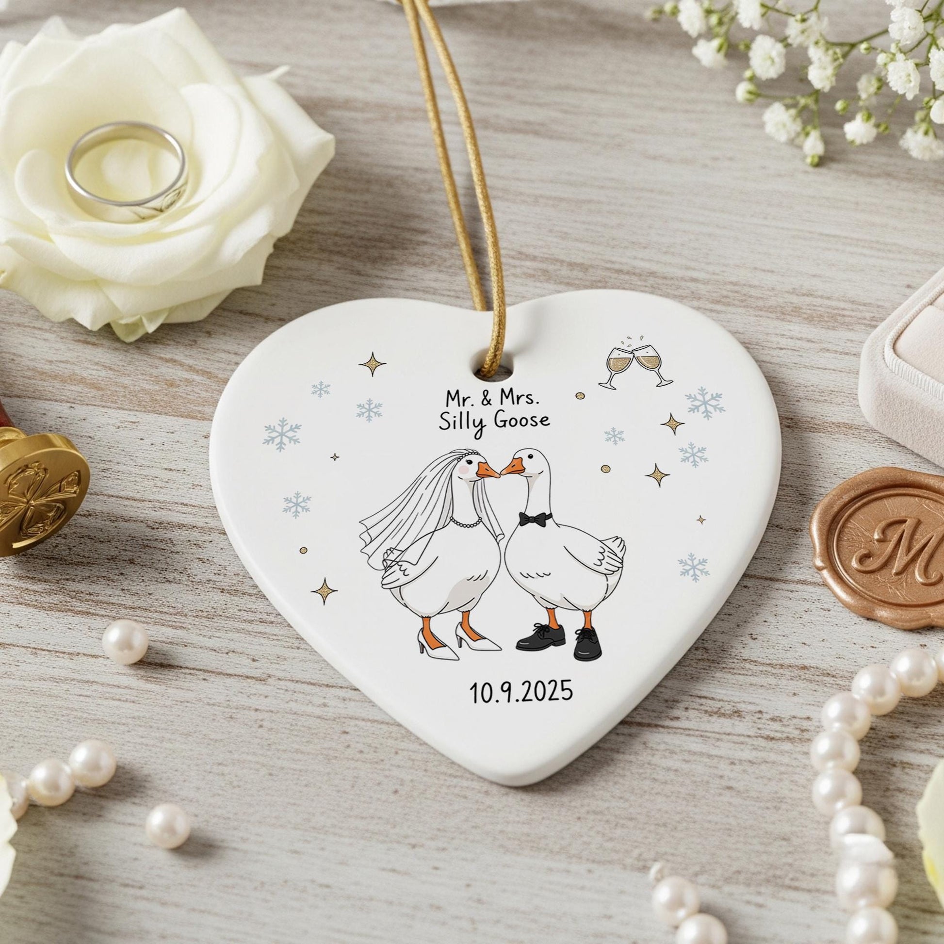 Personalized Wedding Ornament: Mr & Mrs Geese Heart Keepsake - Custom 2025