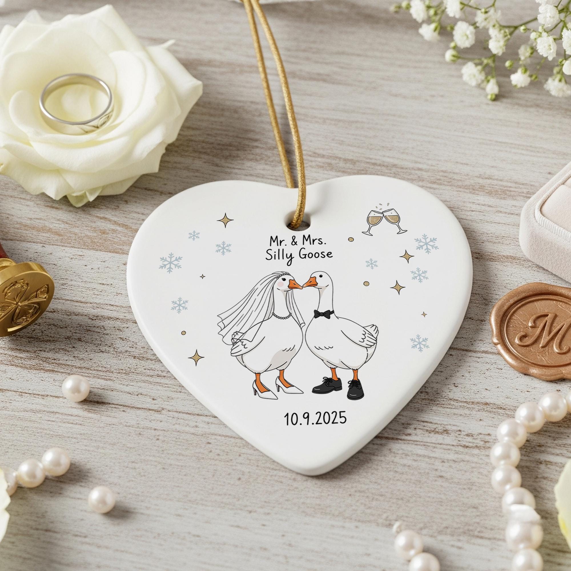 Personalized Wedding Ornament: Mr & Mrs Geese Heart Keepsake - Custom 2025