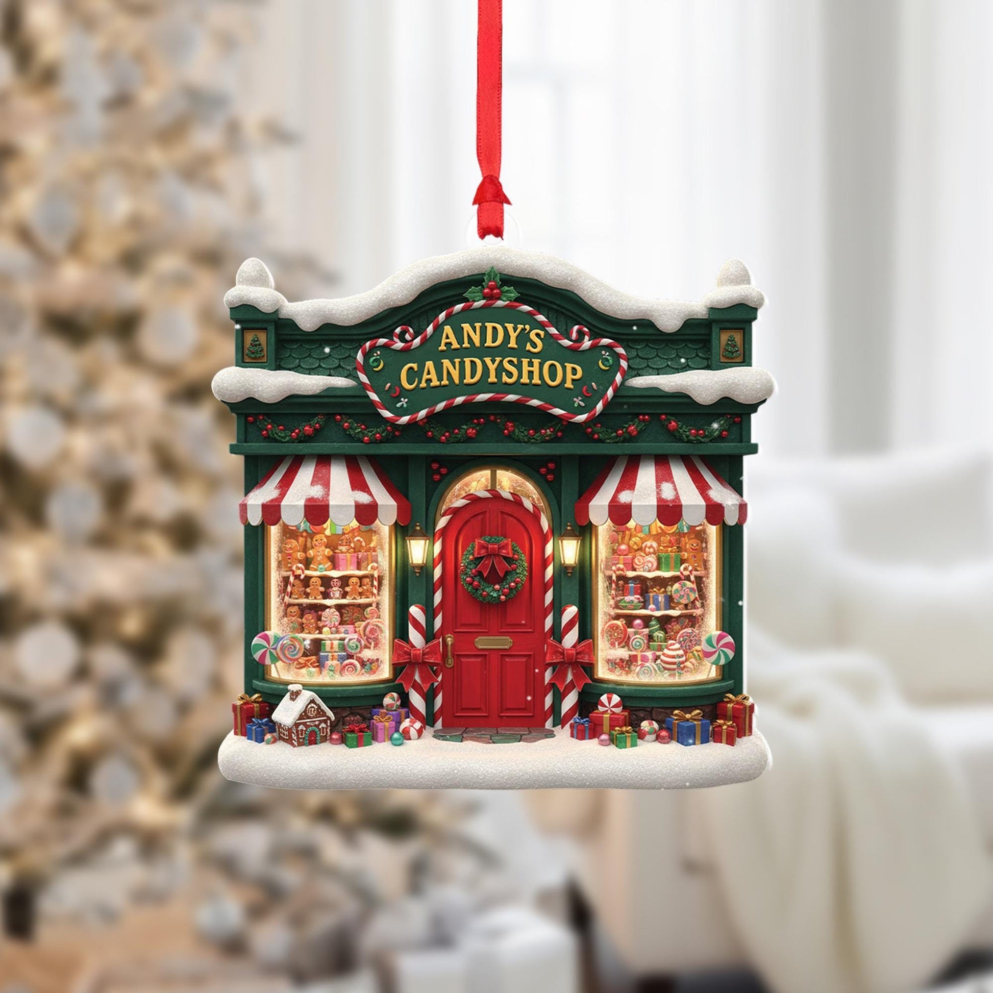 Personalized Candy Shop Christmas Ornament: Retro Gingerbread House Decor