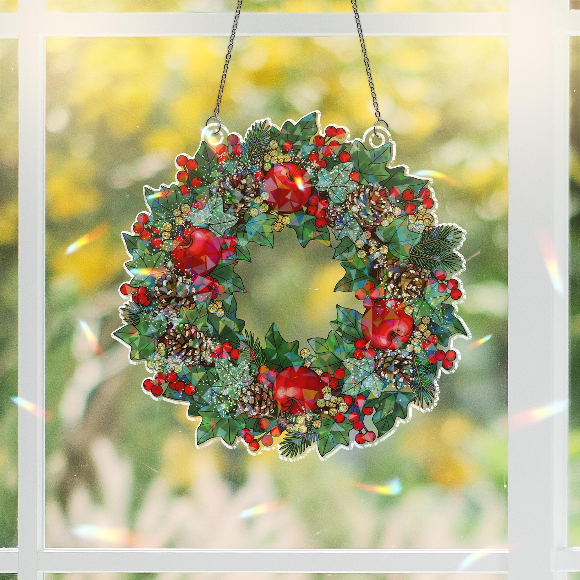 Holographic Christmas Wreath Window Hanging – Festive Holiday Sun Catcher with Holly, Pinecones & Red Ornaments