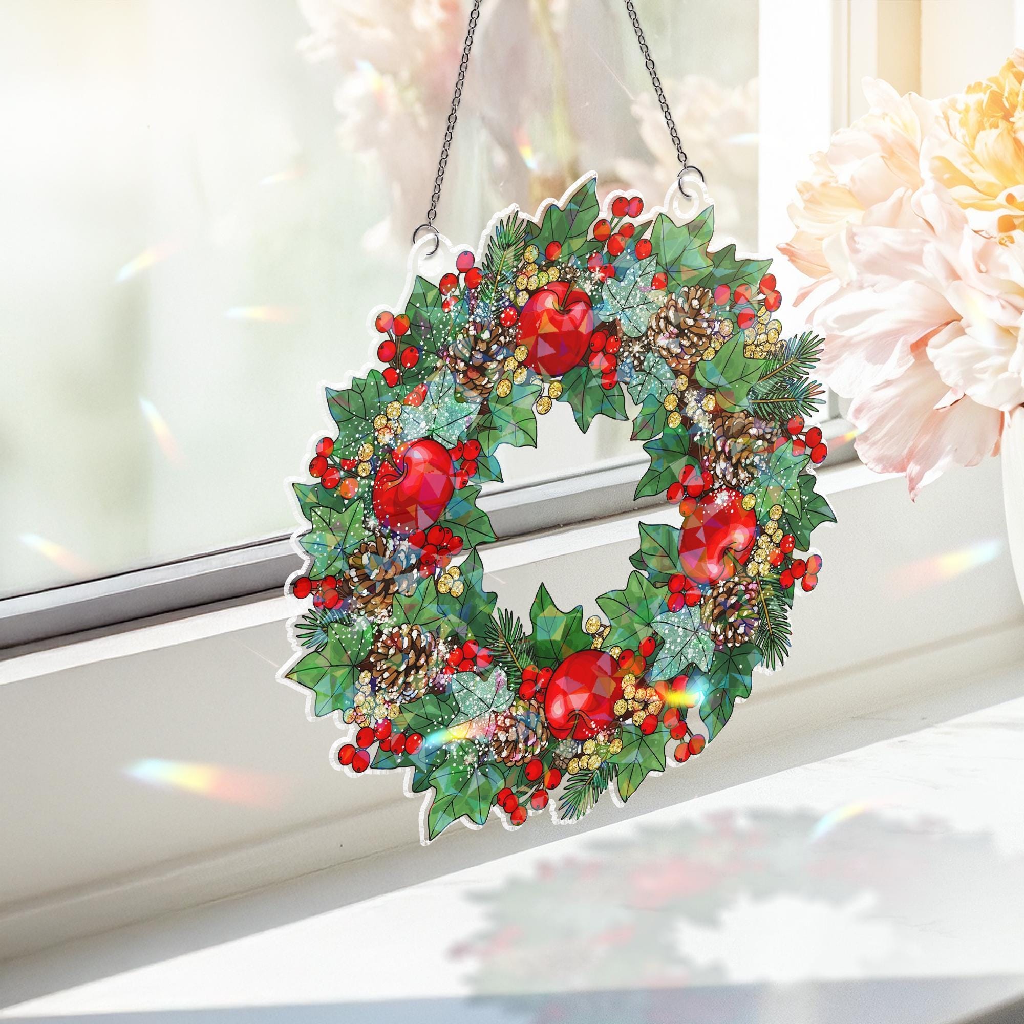 Holographic Christmas Wreath Window Hanging – Festive Holiday Sun Catcher with Holly, Pinecones & Red Ornaments