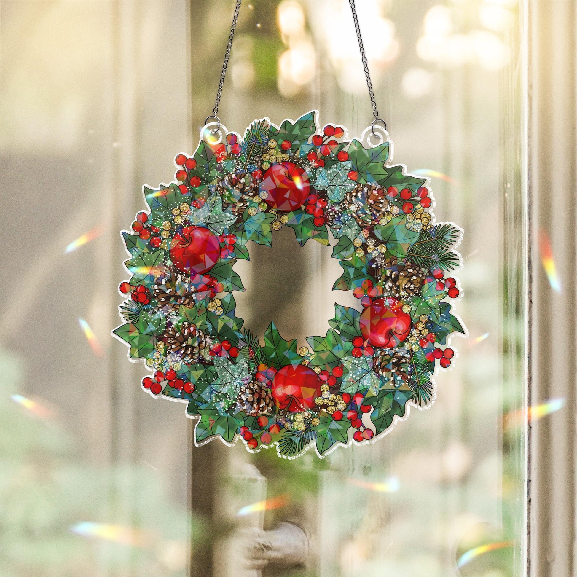 Holographic Christmas Wreath Window Hanging – Festive Holiday Sun Catcher with Holly, Pinecones & Red Ornaments