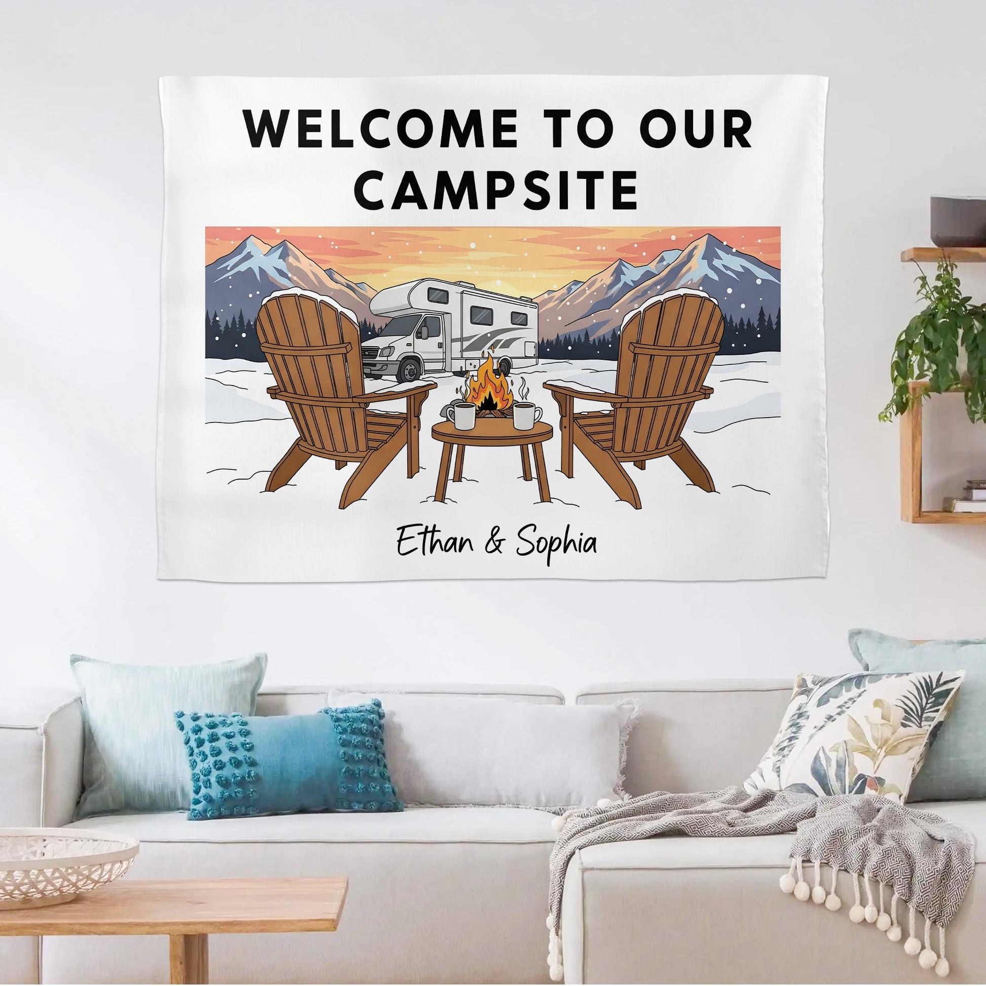Personalized Camping Tapestry, Custom Welcome To Our Campsite Sign, RV Motorhome Wall Decor, Gift for Camper Gift, Mountain Wall Hanging