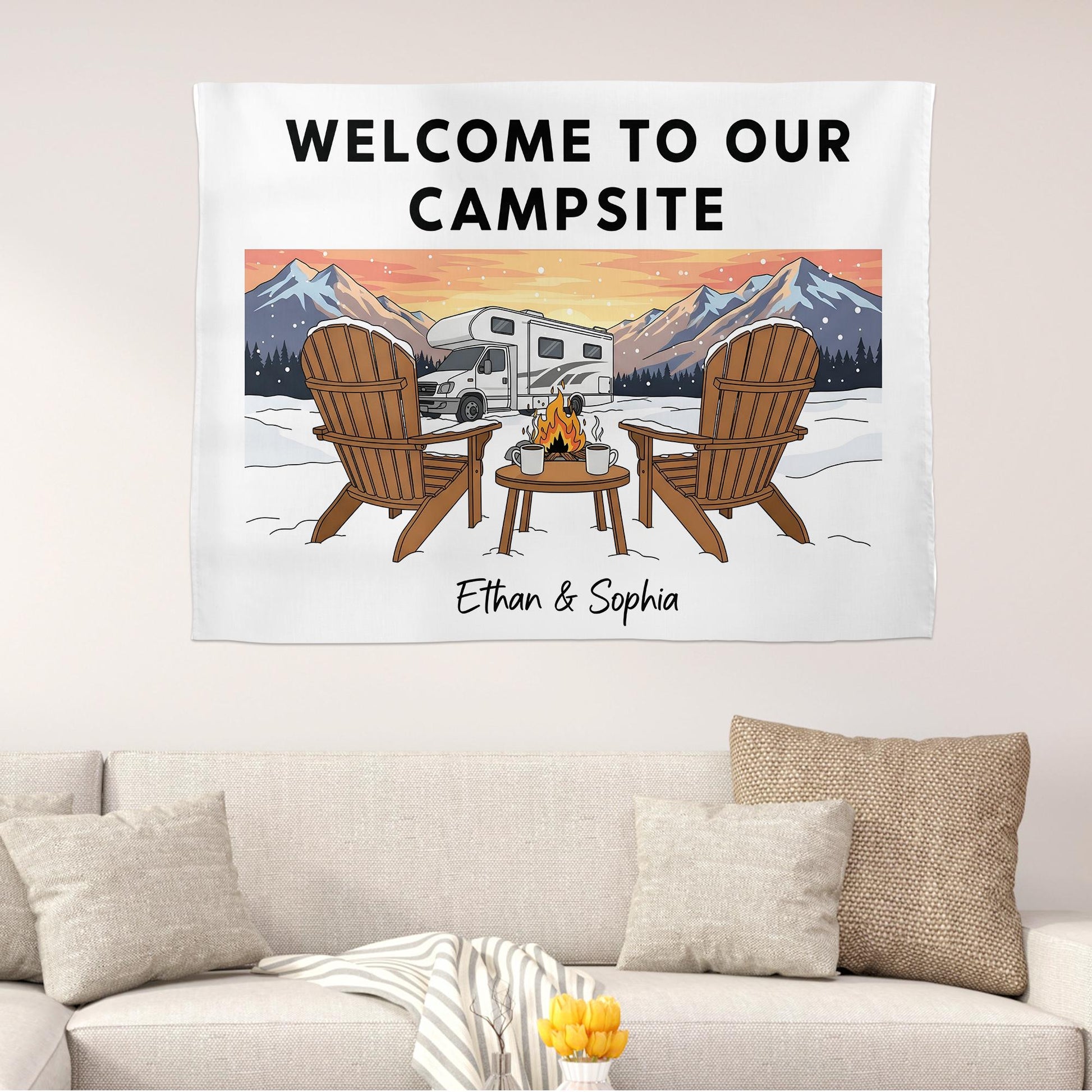 Personalized Camping Tapestry, Custom Welcome To Our Campsite Sign, RV Motorhome Wall Decor, Gift for Camper Gift, Mountain Wall Hanging