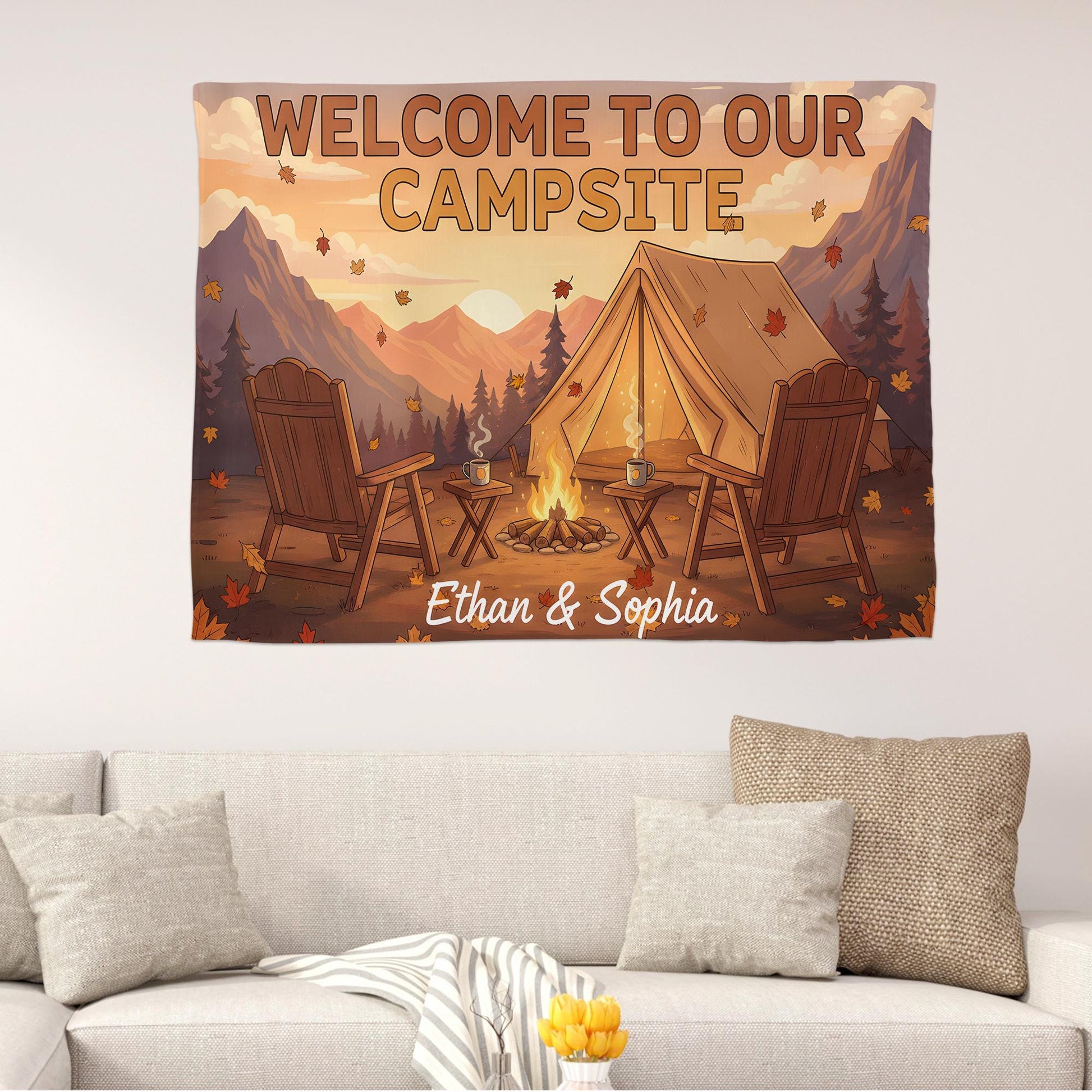 Personalized Camping Tapestry, Custom Couples Name Welcome to Our Campsite Sign, RV Decor, Camper Wall Hanging, Outdoor Lovers Gift