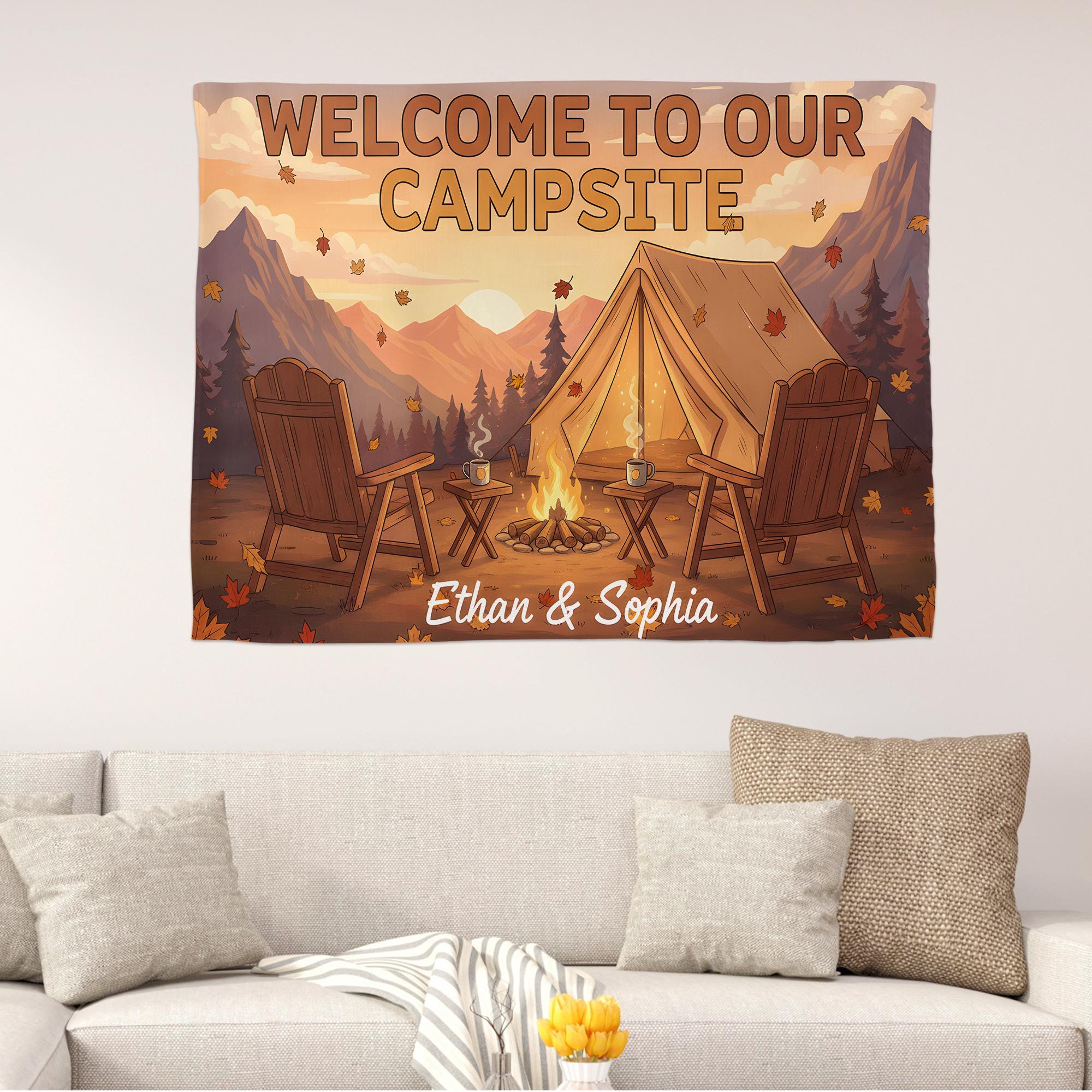 Personalized Camping Tapestry, Custom Couples Name Welcome to Our Campsite Sign, RV Decor, Camper Wall Hanging, Outdoor Lovers Gift