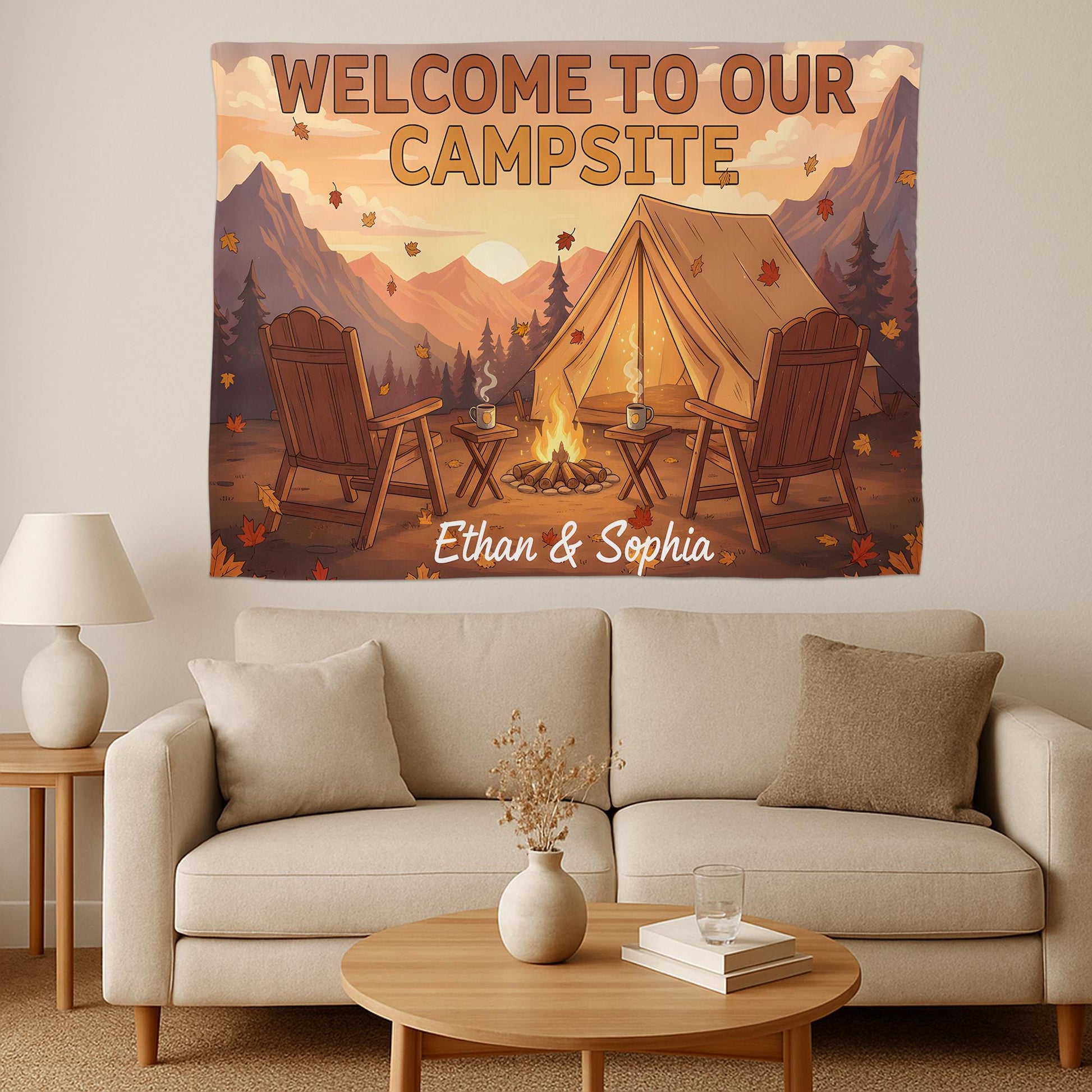 Personalized Camping Tapestry, Custom Couples Name Welcome to Our Campsite Sign, RV Decor, Camper Wall Hanging, Outdoor Lovers Gift