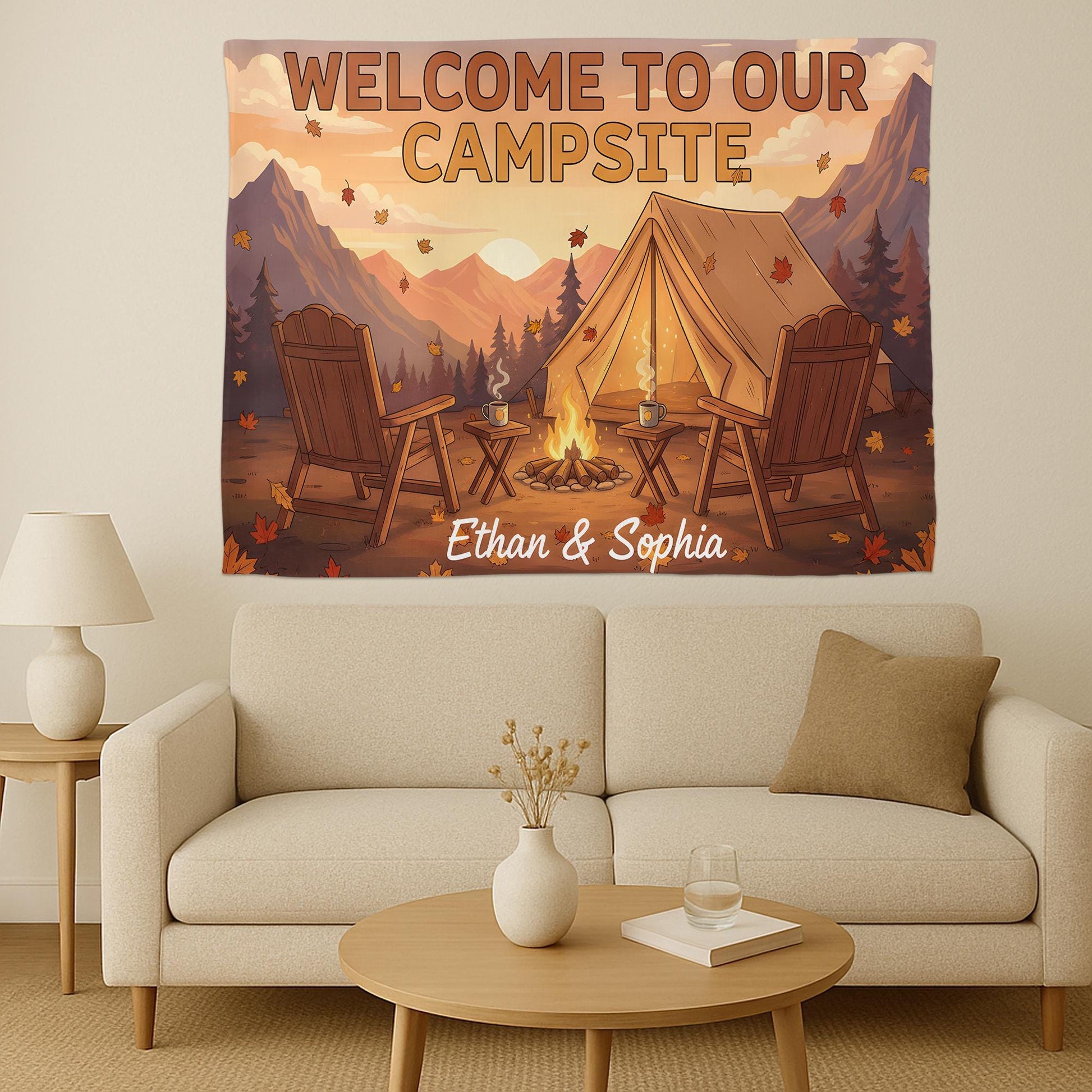 Personalized Camping Tapestry, Custom Couples Name Welcome to Our Campsite Sign, RV Decor, Camper Wall Hanging, Outdoor Lovers Gift