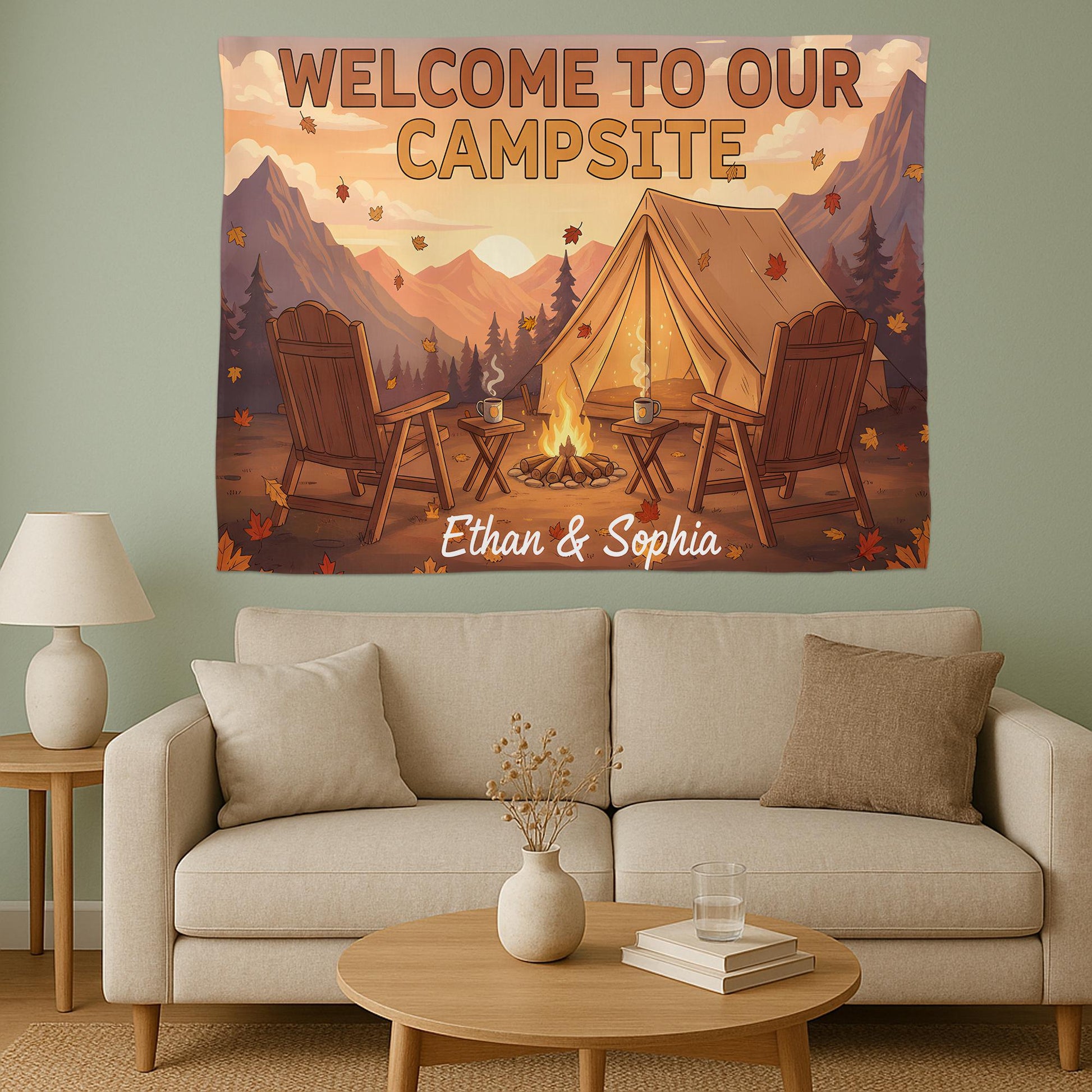 Personalized Camping Tapestry, Custom Couples Name Welcome to Our Campsite Sign, RV Decor, Camper Wall Hanging, Outdoor Lovers Gift