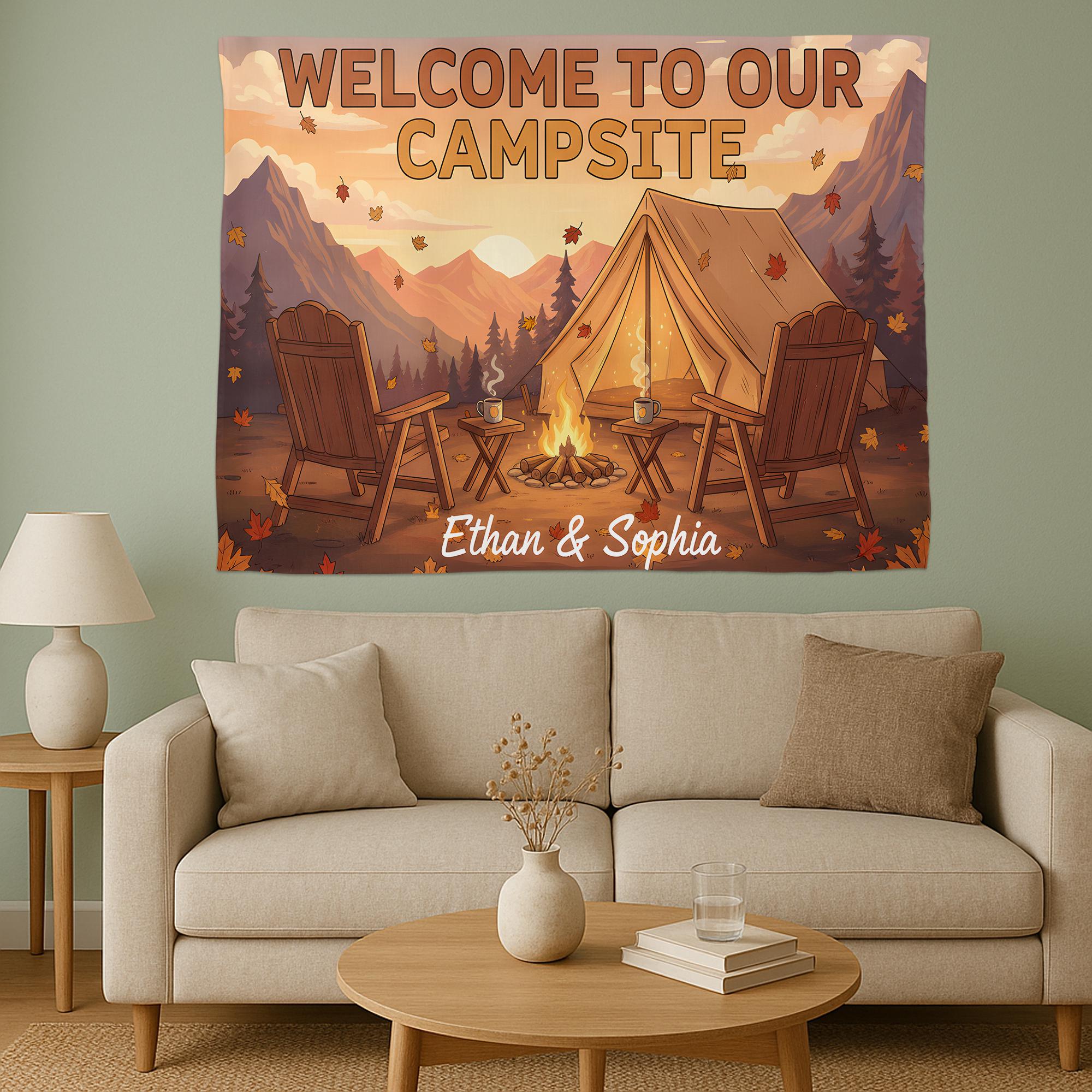 Personalized Camping Tapestry, Custom Couples Name Welcome to Our Campsite Sign, RV Decor, Camper Wall Hanging, Outdoor Lovers Gift