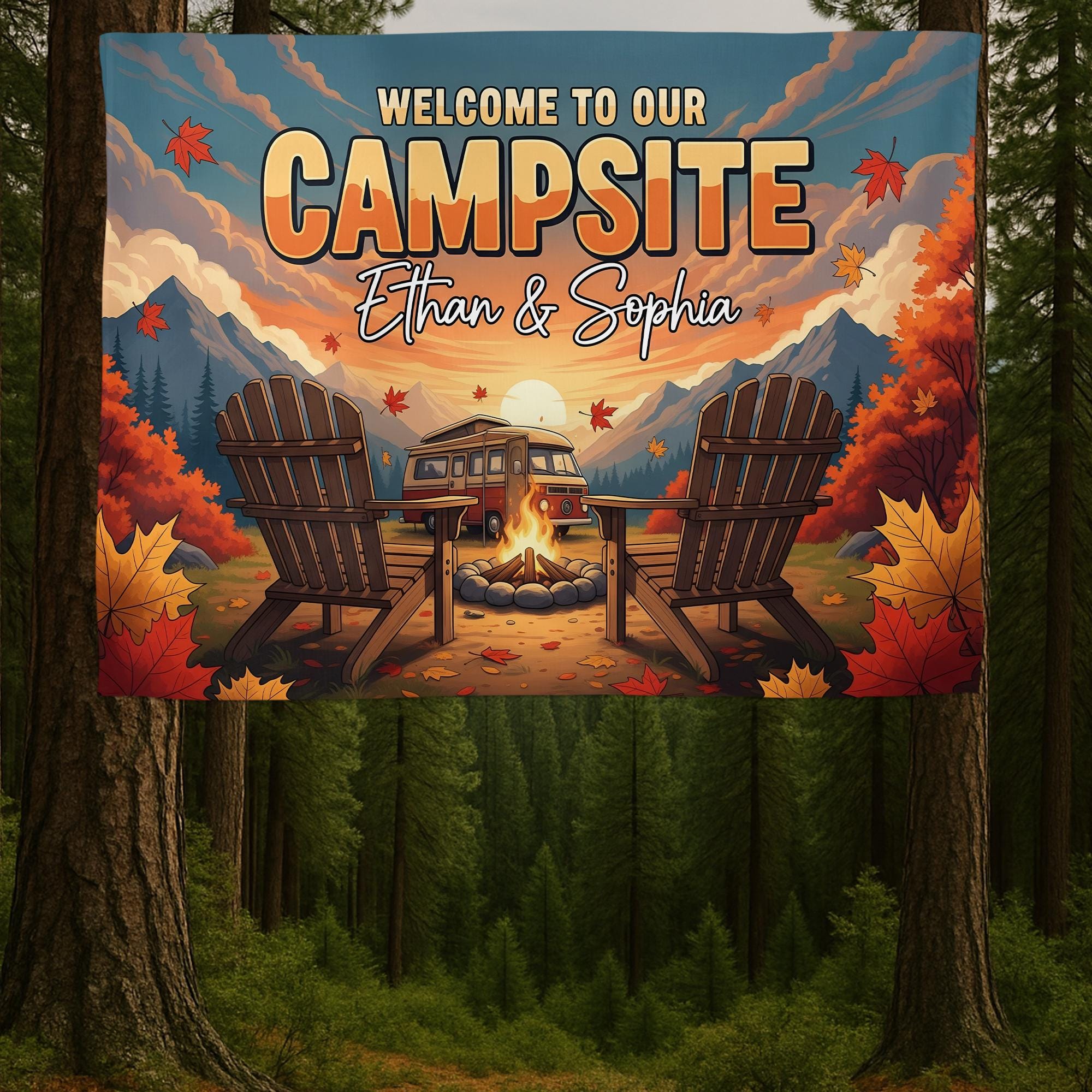 Personalized Welcome to Our Campsite Tapestry, Custom Couple Names Sign, RV Camper Decor, Fall Camping Wall Hanging, Outdoor Lover Gift