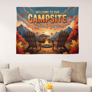 Personalized Welcome to Our Campsite Tapestry, Custom Couple Names Sign, RV Camper Decor, Fall Camping Wall Hanging, Outdoor Lover Gift
