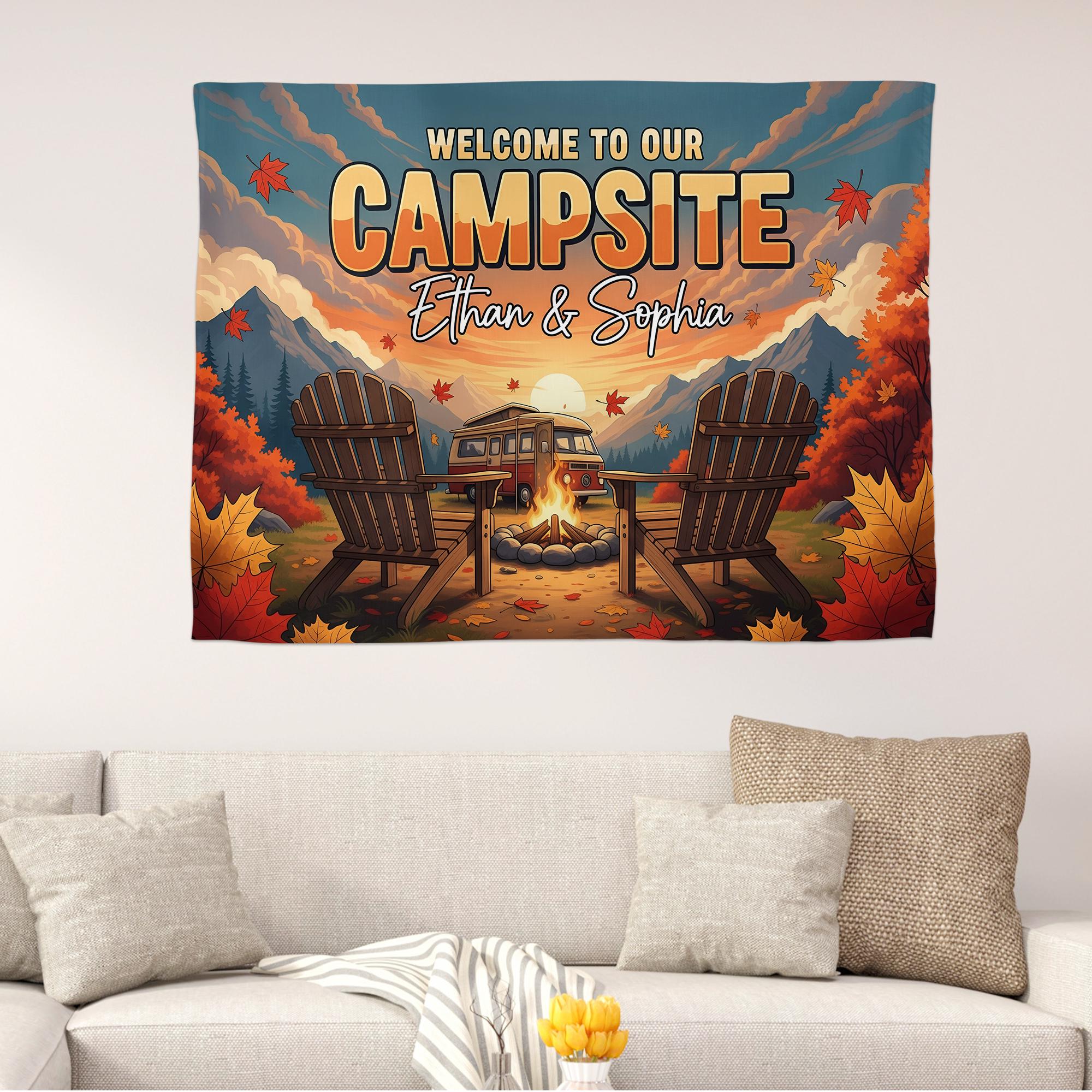 Personalized Welcome to Our Campsite Tapestry, Custom Couple Names Sign, RV Camper Decor, Fall Camping Wall Hanging, Outdoor Lover Gift