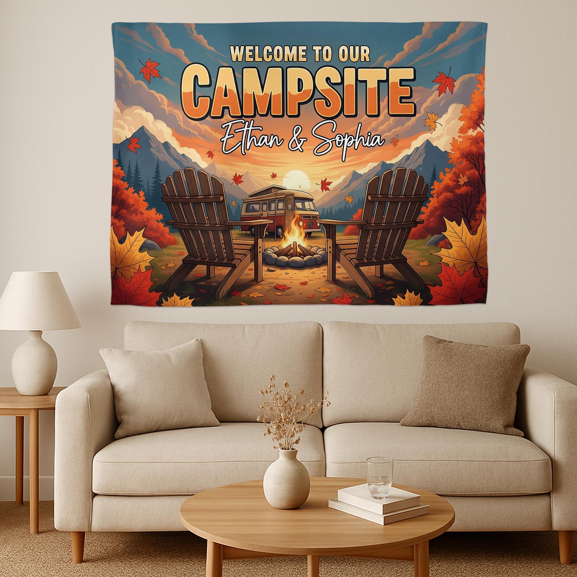 Personalized Welcome to Our Campsite Tapestry, Custom Couple Names Sign, RV Camper Decor, Fall Camping Wall Hanging, Outdoor Lover Gift