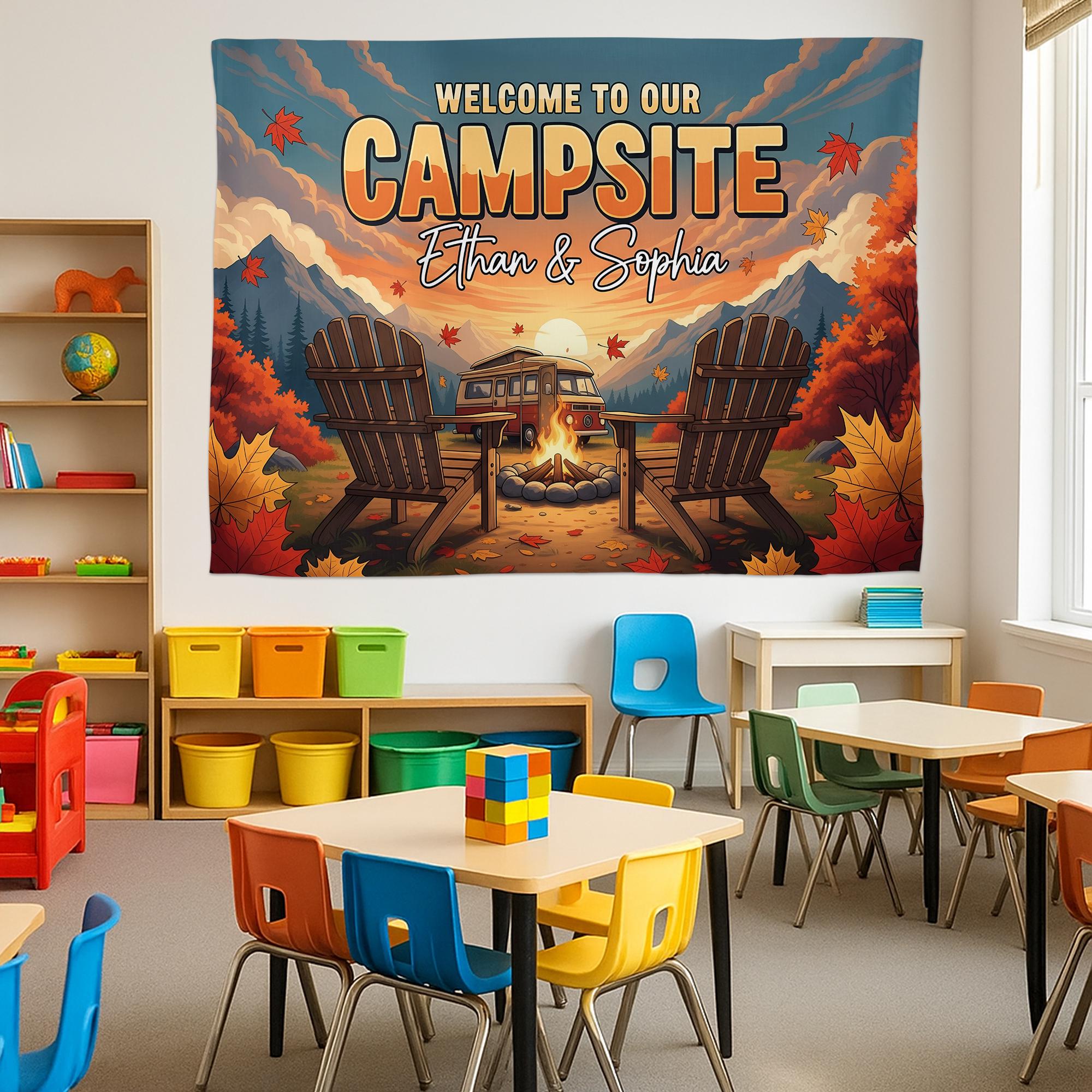 Personalized Welcome to Our Campsite Tapestry, Custom Couple Names Sign, RV Camper Decor, Fall Camping Wall Hanging, Outdoor Lover Gift