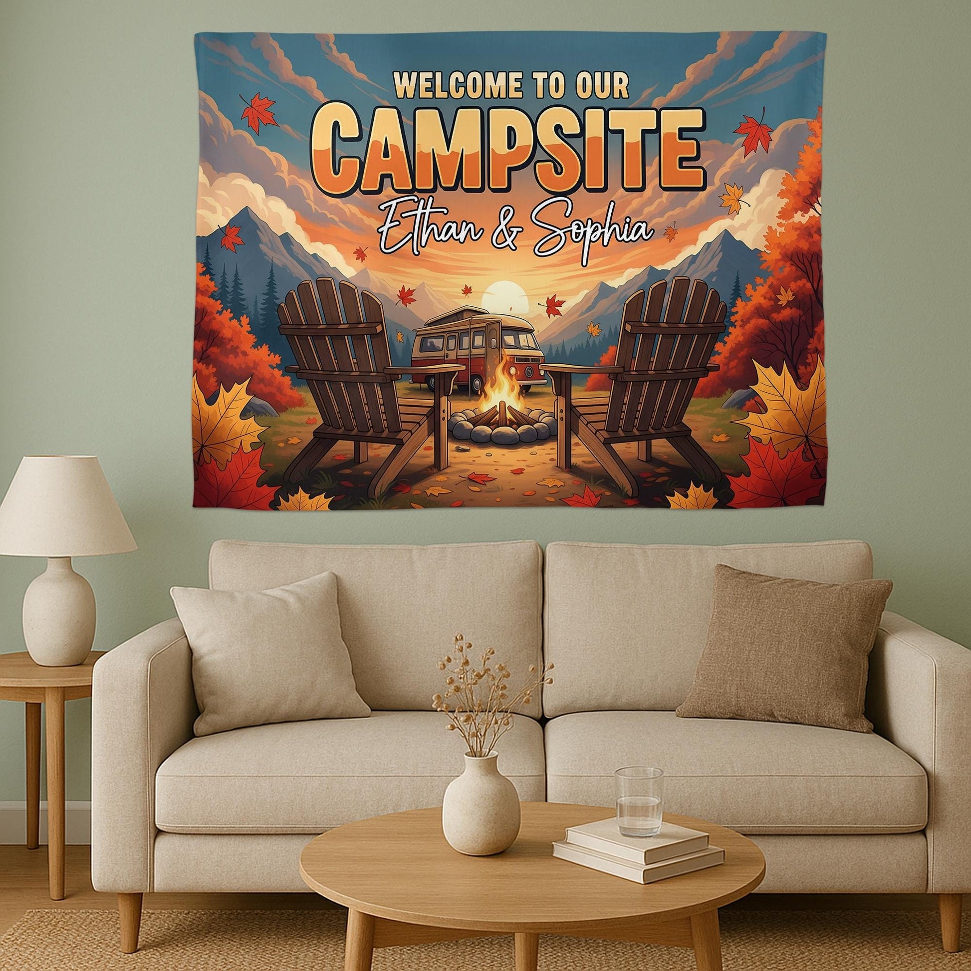 Personalized Welcome to Our Campsite Tapestry, Custom Couple Names Sign, RV Camper Decor, Fall Camping Wall Hanging, Outdoor Lover Gift