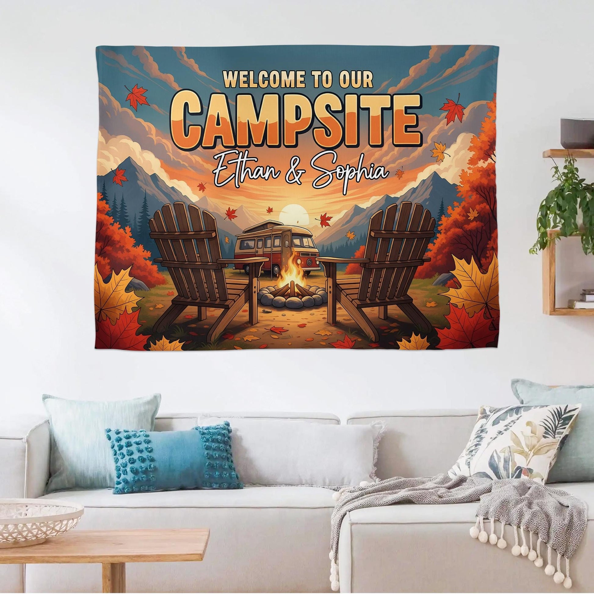 Personalized Welcome to Our Campsite Tapestry, Custom Couple Names Sign, RV Camper Decor, Fall Camping Wall Hanging, Outdoor Lover Gift