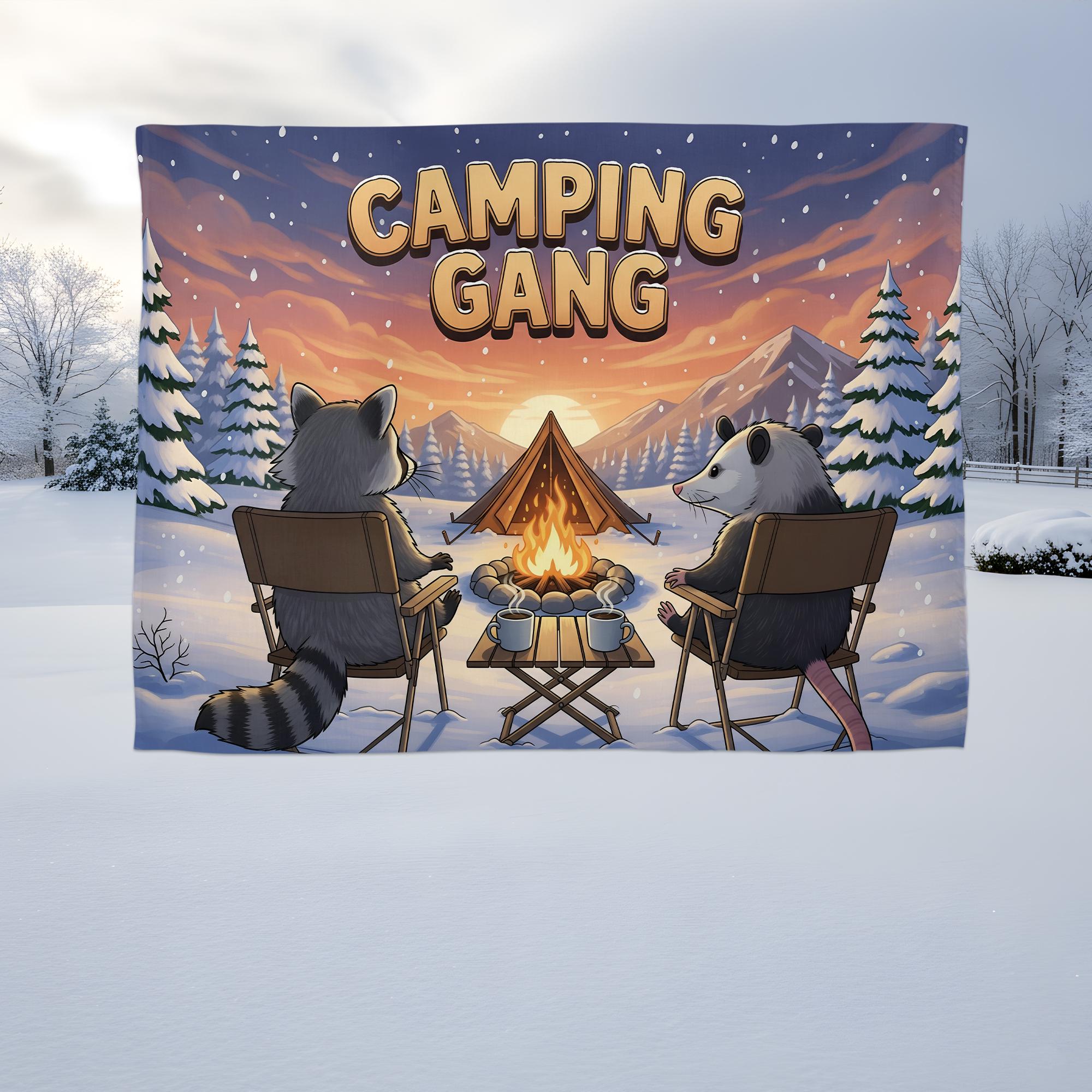 Camping Gang Tapestry, Funny Raccoon and Possum Wall Art, Cozy Winter Campfire Wall Hanging, Cute Woodland Animal Cabin Decor