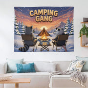 Camping Gang Tapestry, Funny Raccoon and Possum Wall Art, Cozy Winter Campfire Wall Hanging, Cute Woodland Animal Cabin Decor