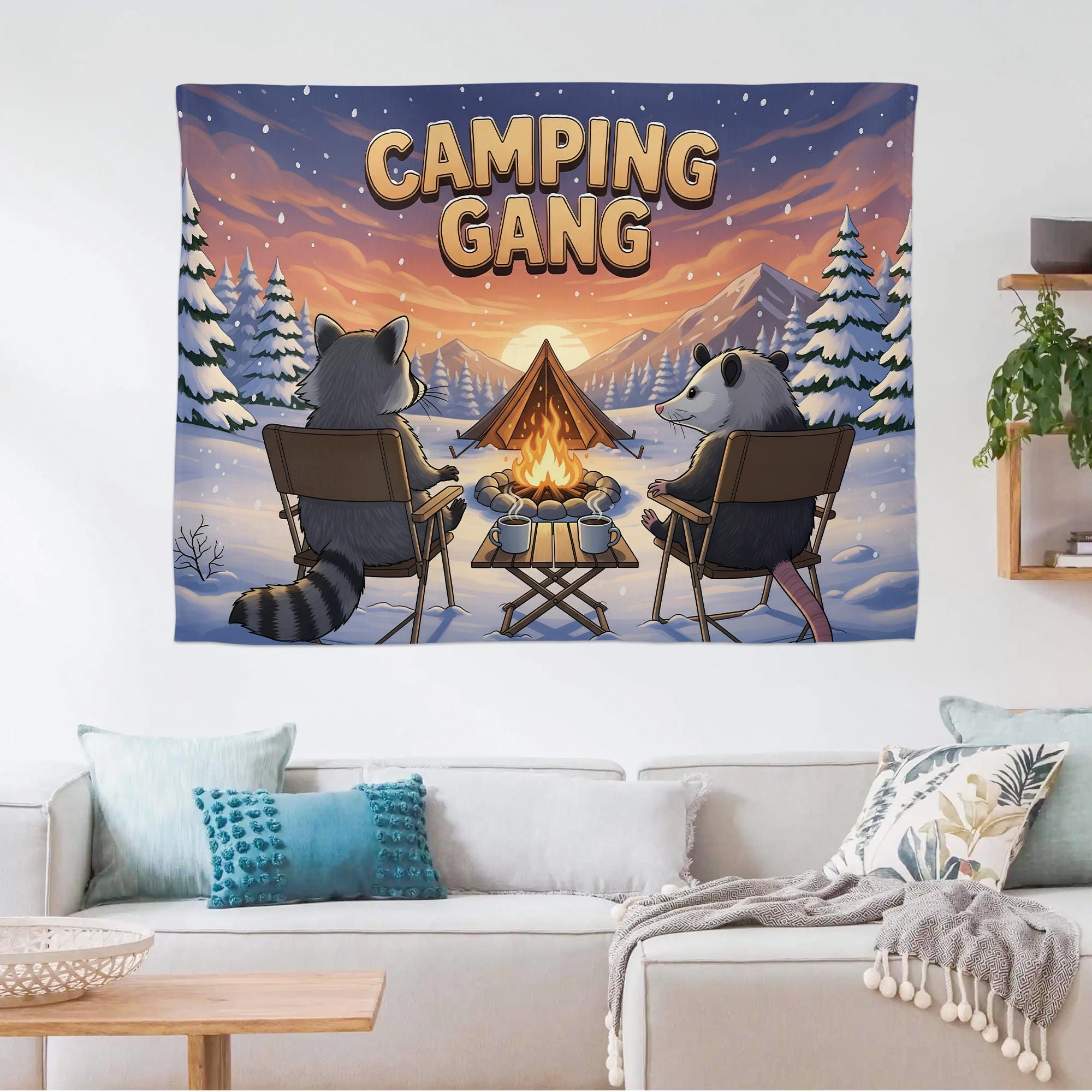 Camping Gang Tapestry, Funny Raccoon and Possum Wall Art, Cozy Winter Campfire Wall Hanging, Cute Woodland Animal Cabin Decor