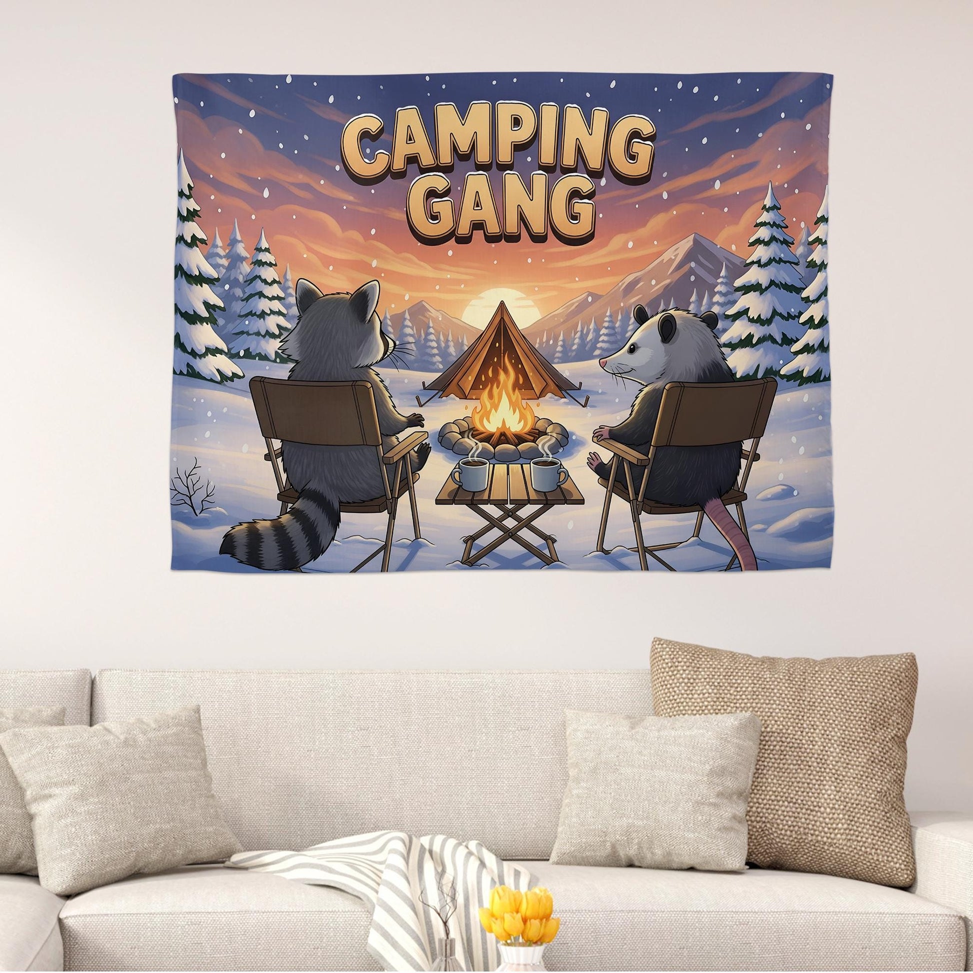 Camping Gang Tapestry, Funny Raccoon and Possum Wall Art, Cozy Winter Campfire Wall Hanging, Cute Woodland Animal Cabin Decor