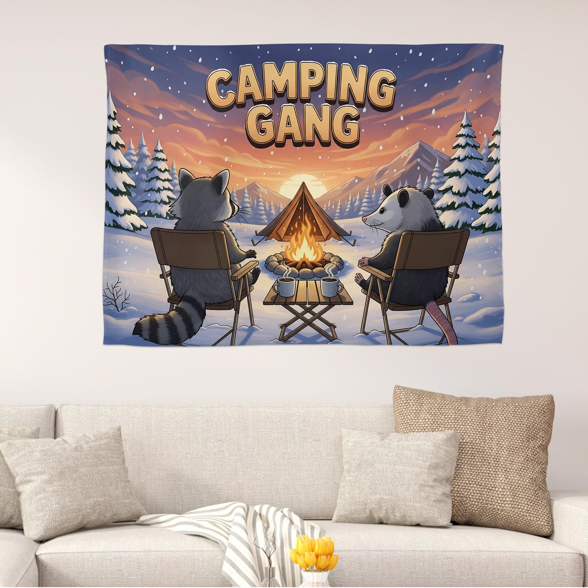 Camping Gang Tapestry, Funny Raccoon and Possum Wall Art, Cozy Winter Campfire Wall Hanging, Cute Woodland Animal Cabin Decor