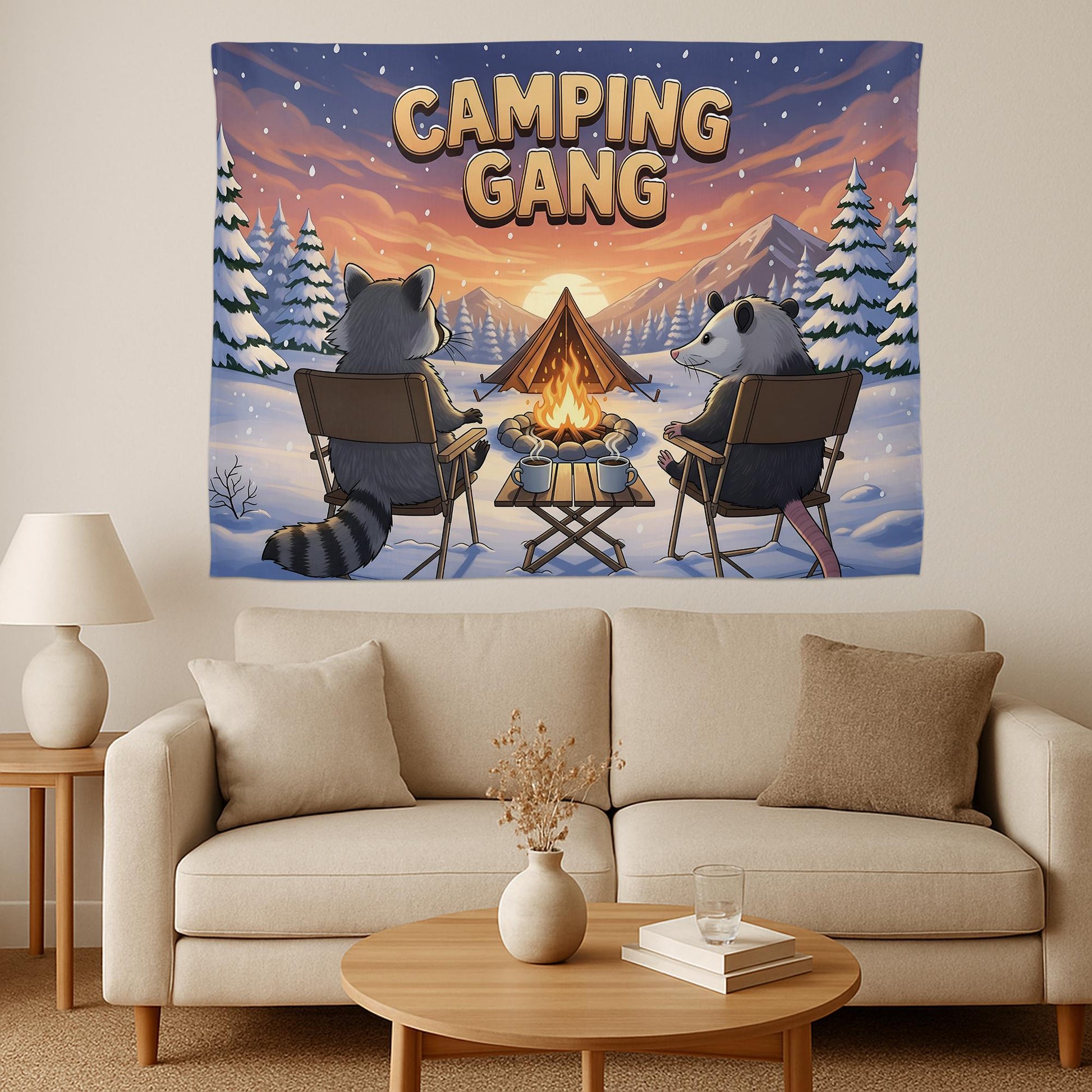 Camping Gang Tapestry, Funny Raccoon and Possum Wall Art, Cozy Winter Campfire Wall Hanging, Cute Woodland Animal Cabin Decor