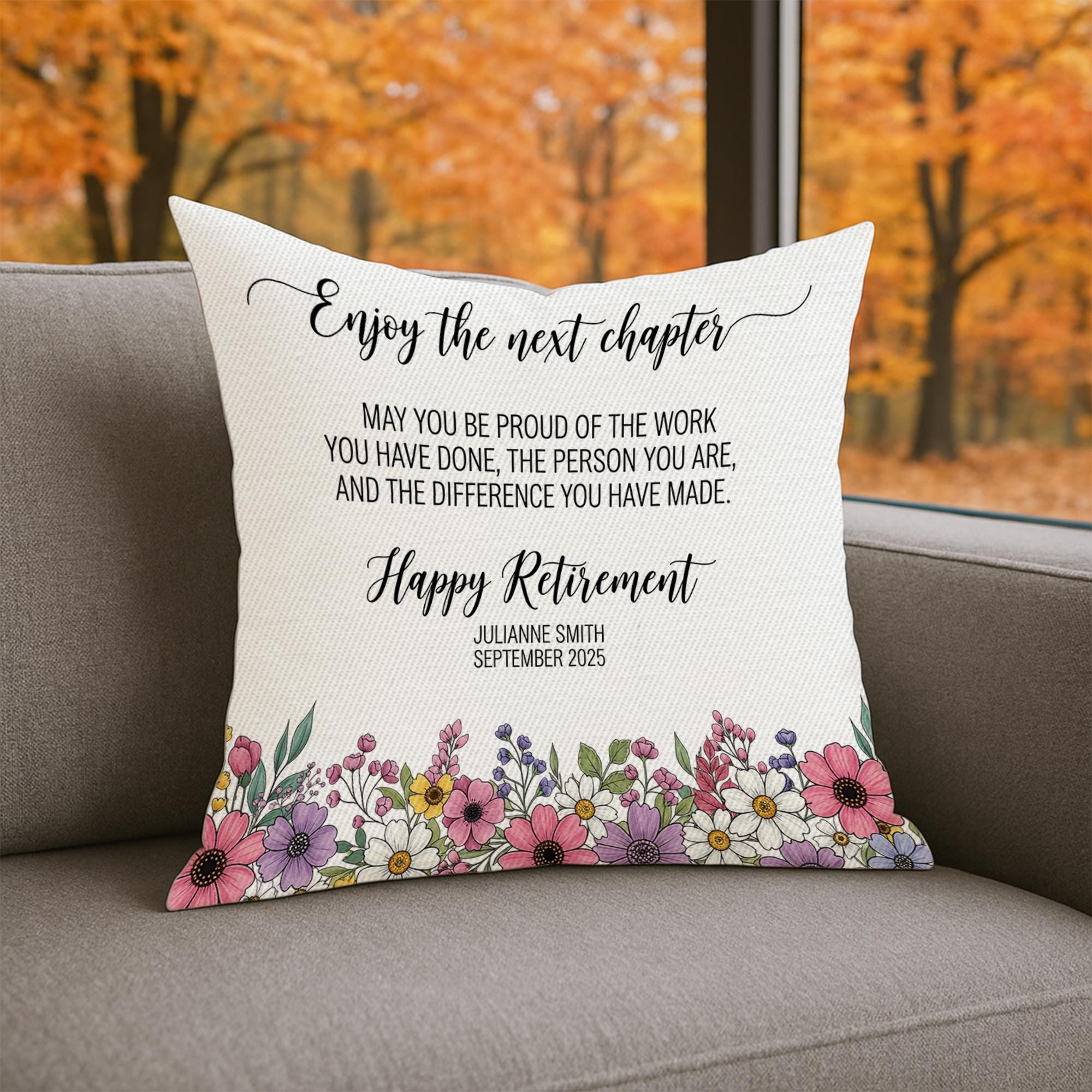 Custom Retirement Pillow, Personalized Gift for Retiree, Retirement Decor with Name & Date, Floral Throw Pillow, Coworker Farewell Gift