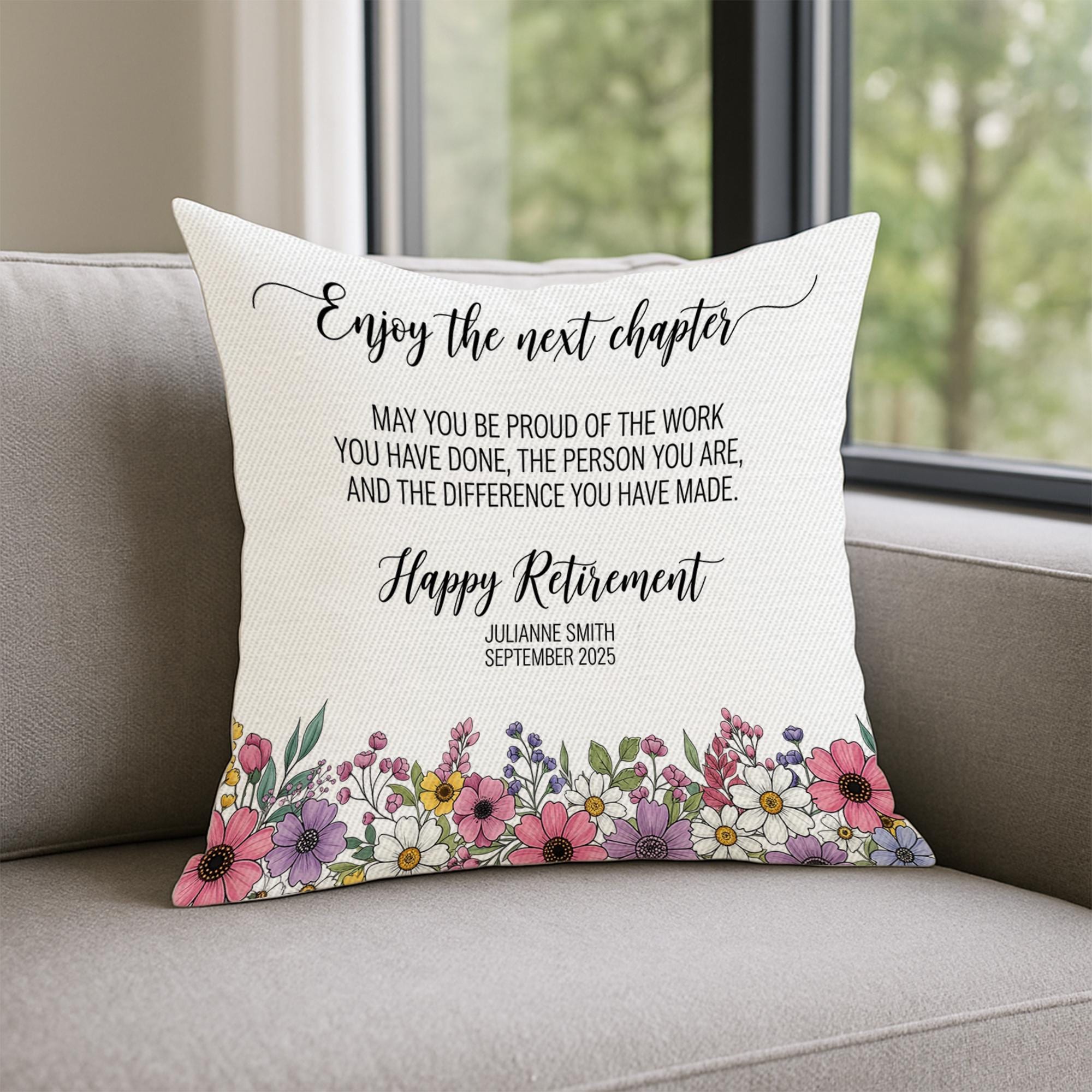 Custom Retirement Pillow, Personalized Gift for Retiree, Retirement Decor with Name & Date, Floral Throw Pillow, Coworker Farewell Gift