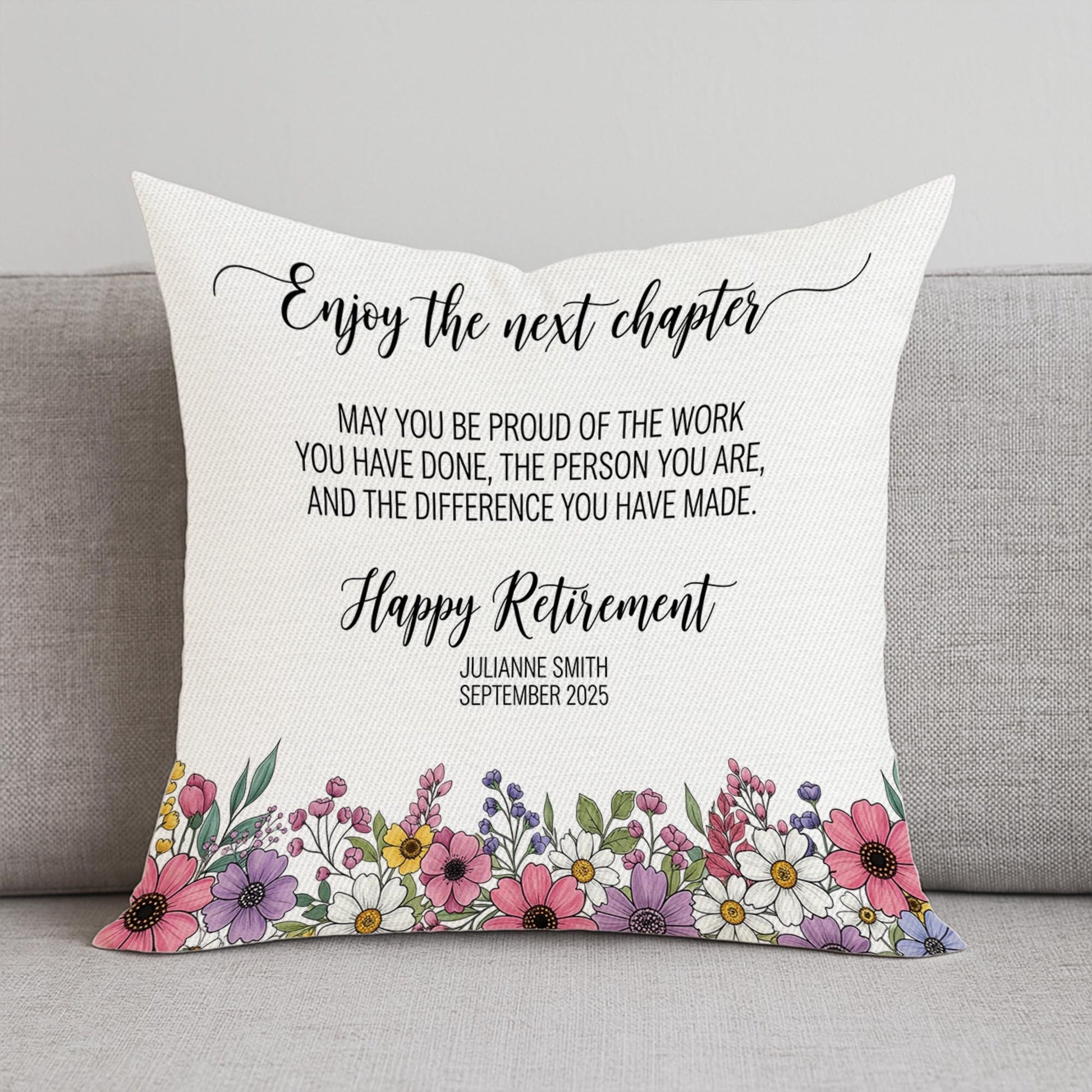 Custom Retirement Pillow, Personalized Gift for Retiree, Retirement Decor with Name & Date, Floral Throw Pillow, Coworker Farewell Gift