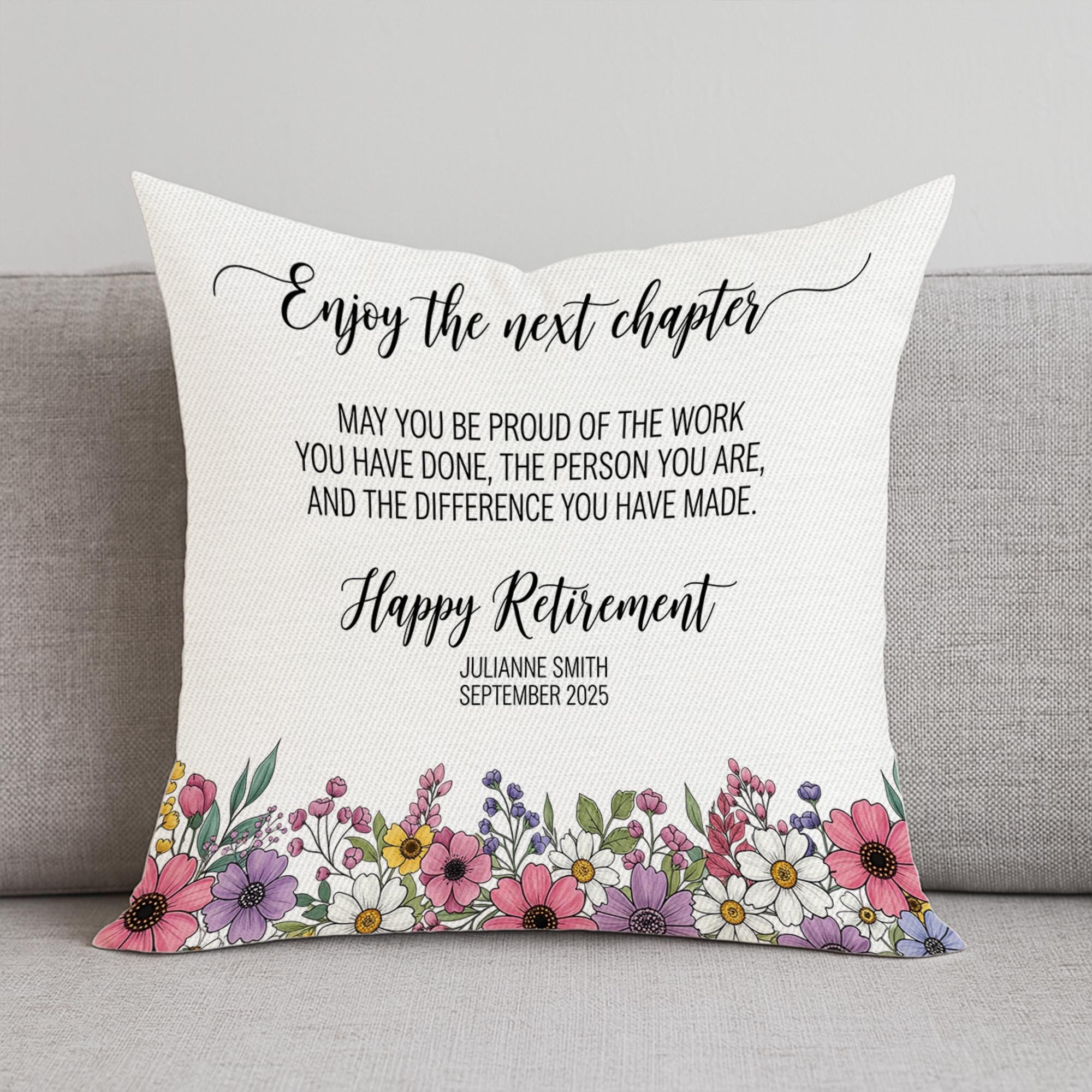 Custom Retirement Pillow, Personalized Gift for Retiree, Retirement Decor with Name & Date, Floral Throw Pillow, Coworker Farewell Gift