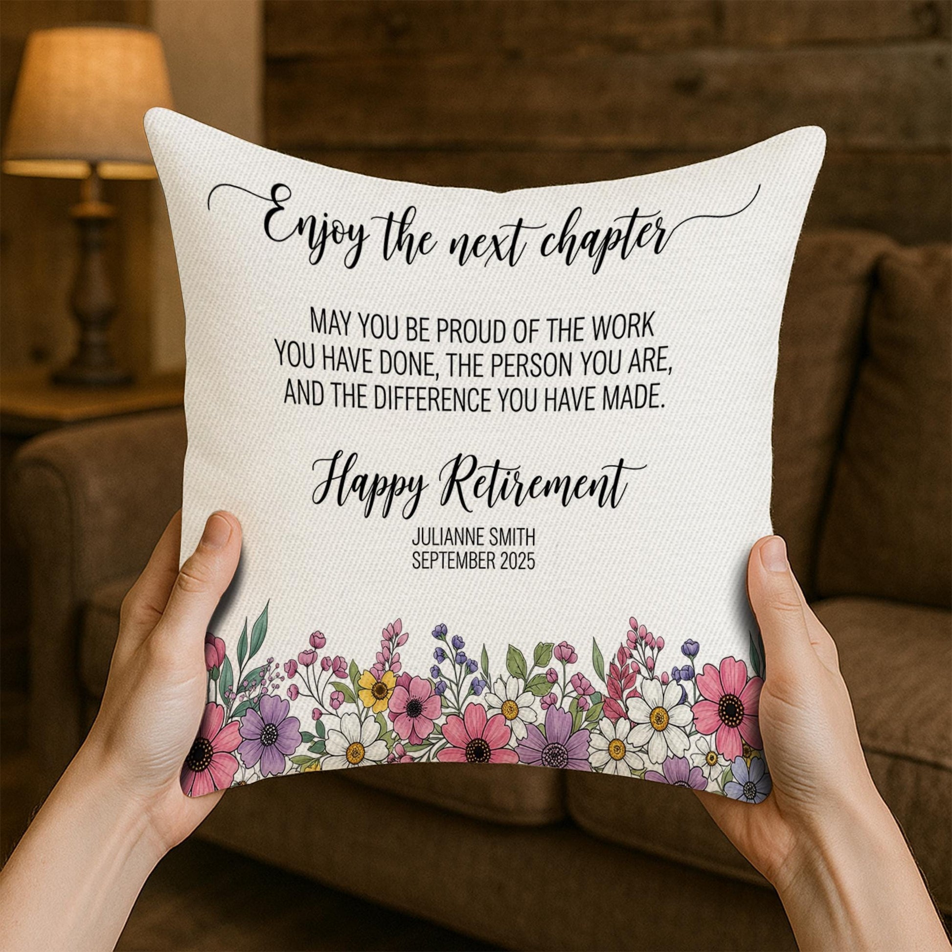 Custom Retirement Pillow, Personalized Gift for Retiree, Retirement Decor with Name & Date, Floral Throw Pillow, Coworker Farewell Gift