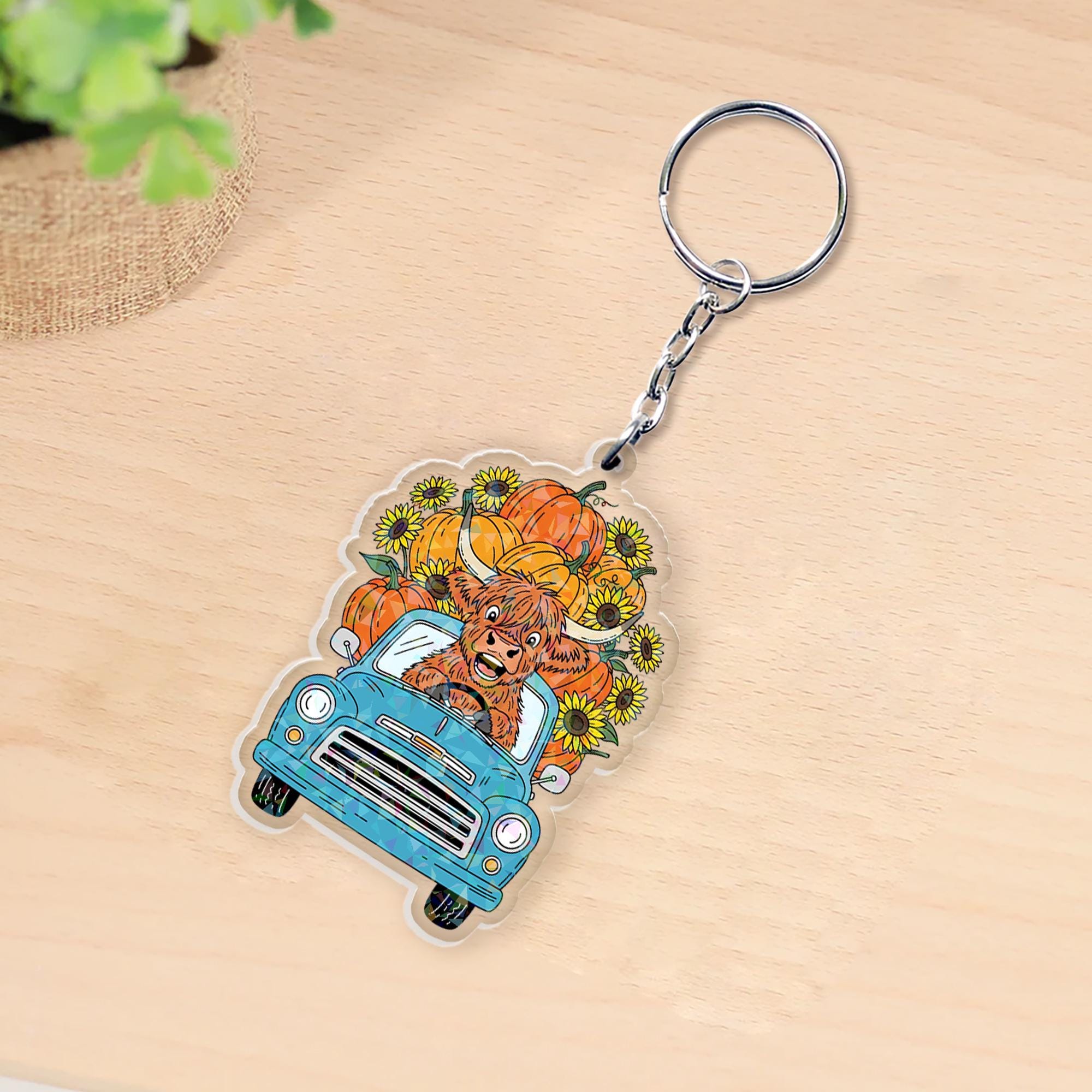 Highland Cow Keychain: Acrylic Pumpkin & Sunflower Charm