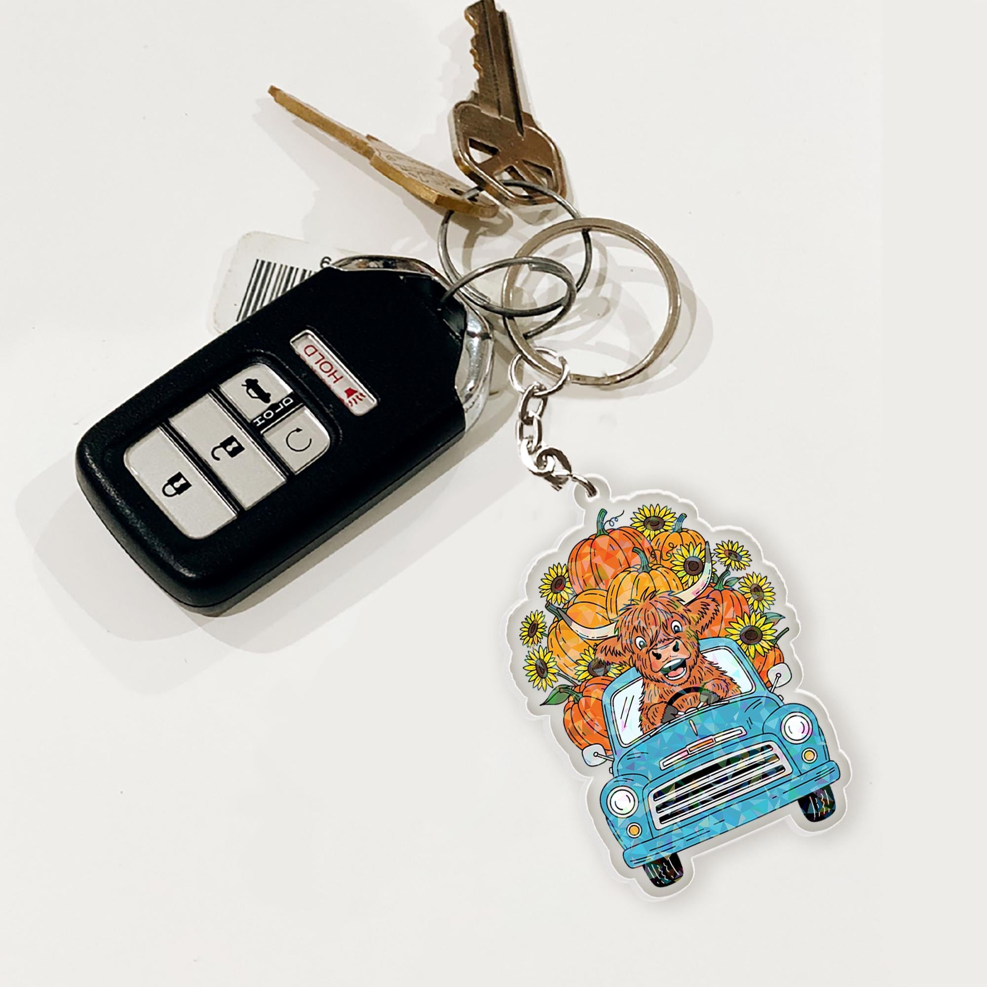 Highland Cow Keychain: Acrylic Pumpkin & Sunflower Charm
