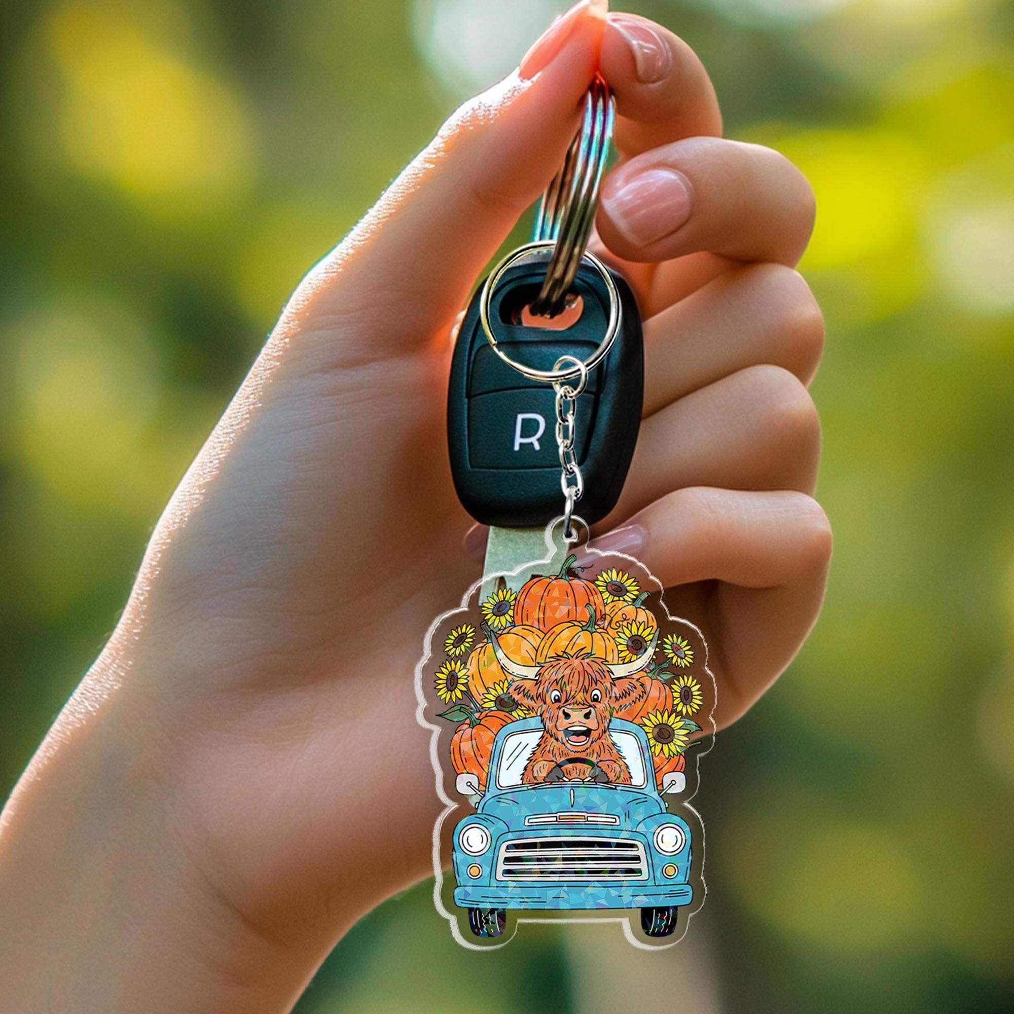 Highland Cow Keychain: Acrylic Pumpkin & Sunflower Charm