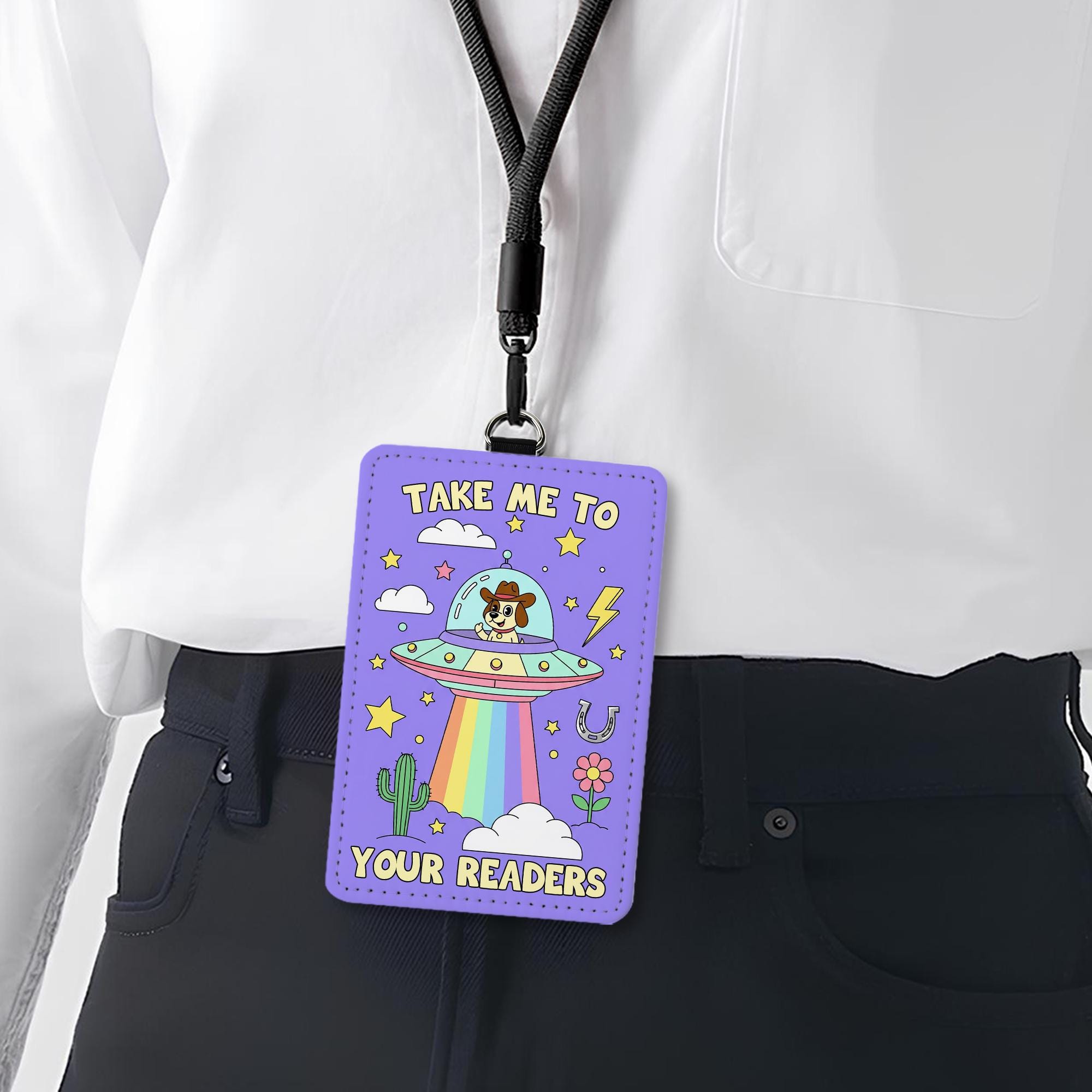 Cute Dog Alien UFO Badge Holder | Rainbow Teacher Lanyard | Funny ID Holder | Take Me To Your Readers Gift | Librarian Accessories