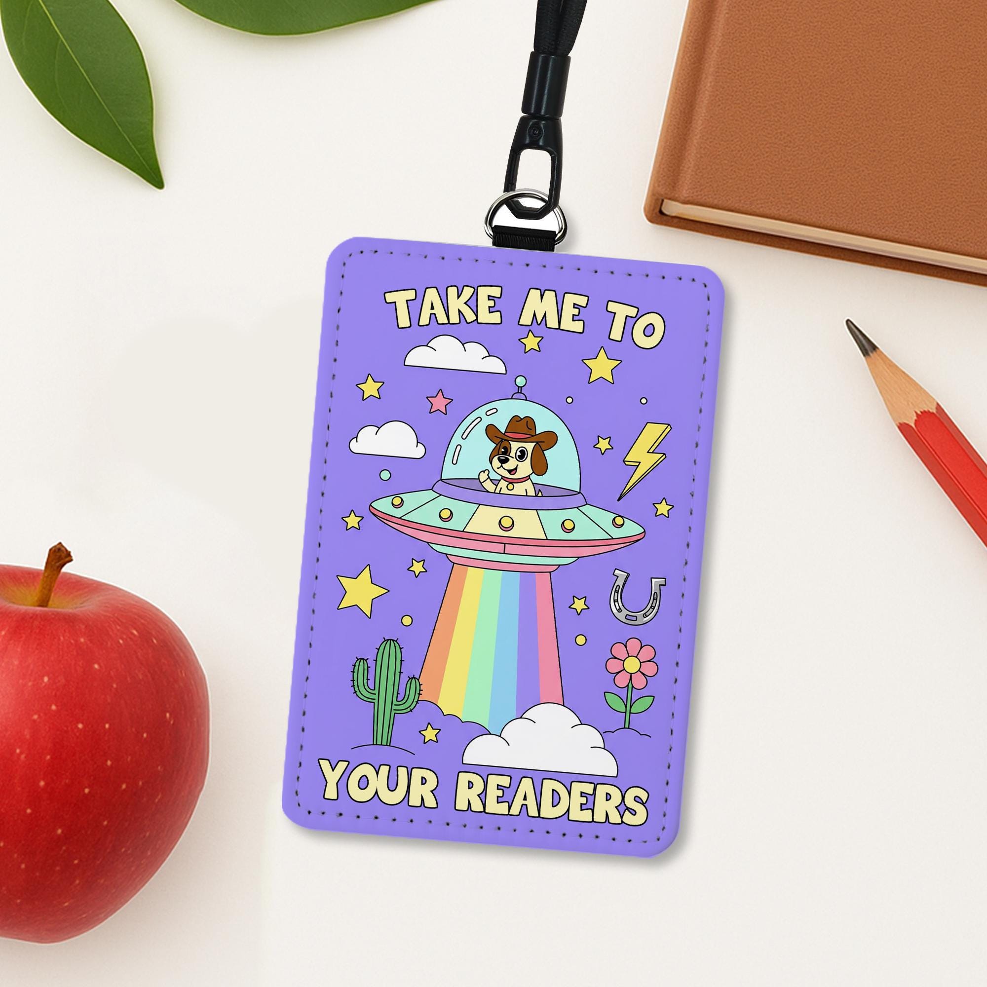 Cute Dog Alien UFO Badge Holder | Rainbow Teacher Lanyard | Funny ID Holder | Take Me To Your Readers Gift | Librarian Accessories