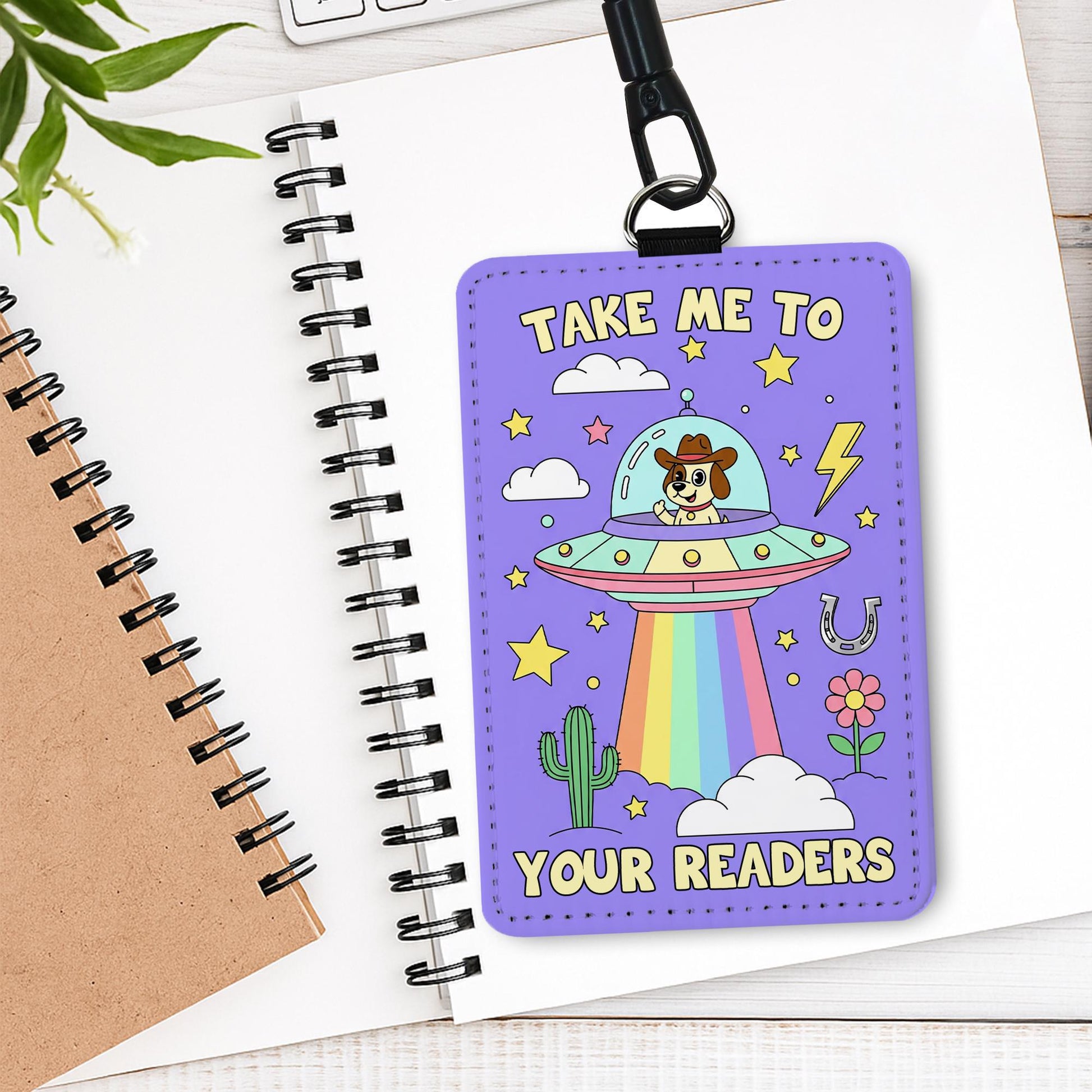 Cute Dog Alien UFO Badge Holder | Rainbow Teacher Lanyard | Funny ID Holder | Take Me To Your Readers Gift | Librarian Accessories