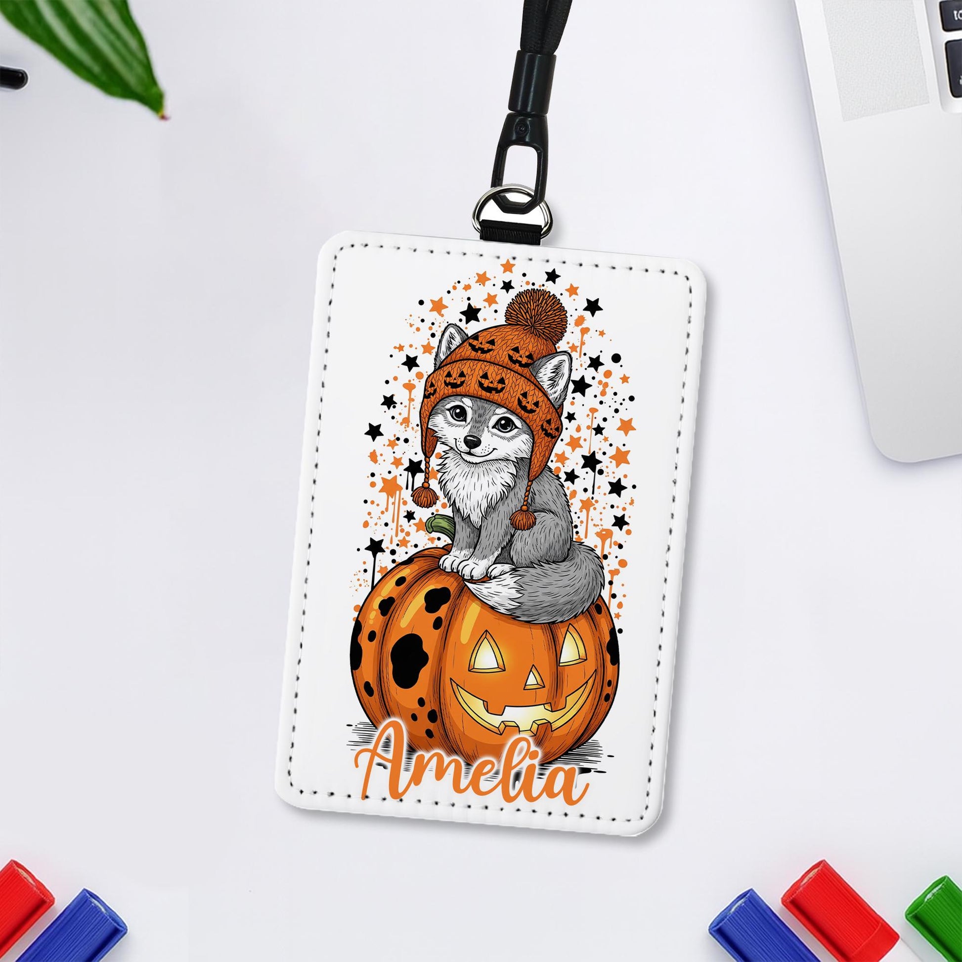 Personalized Halloween Wolf Badge Holder | Custom Pumpkin ID Lanyard | Cute Fall Name Tag | Spooky Teacher Gift | Autumn Work Accessory