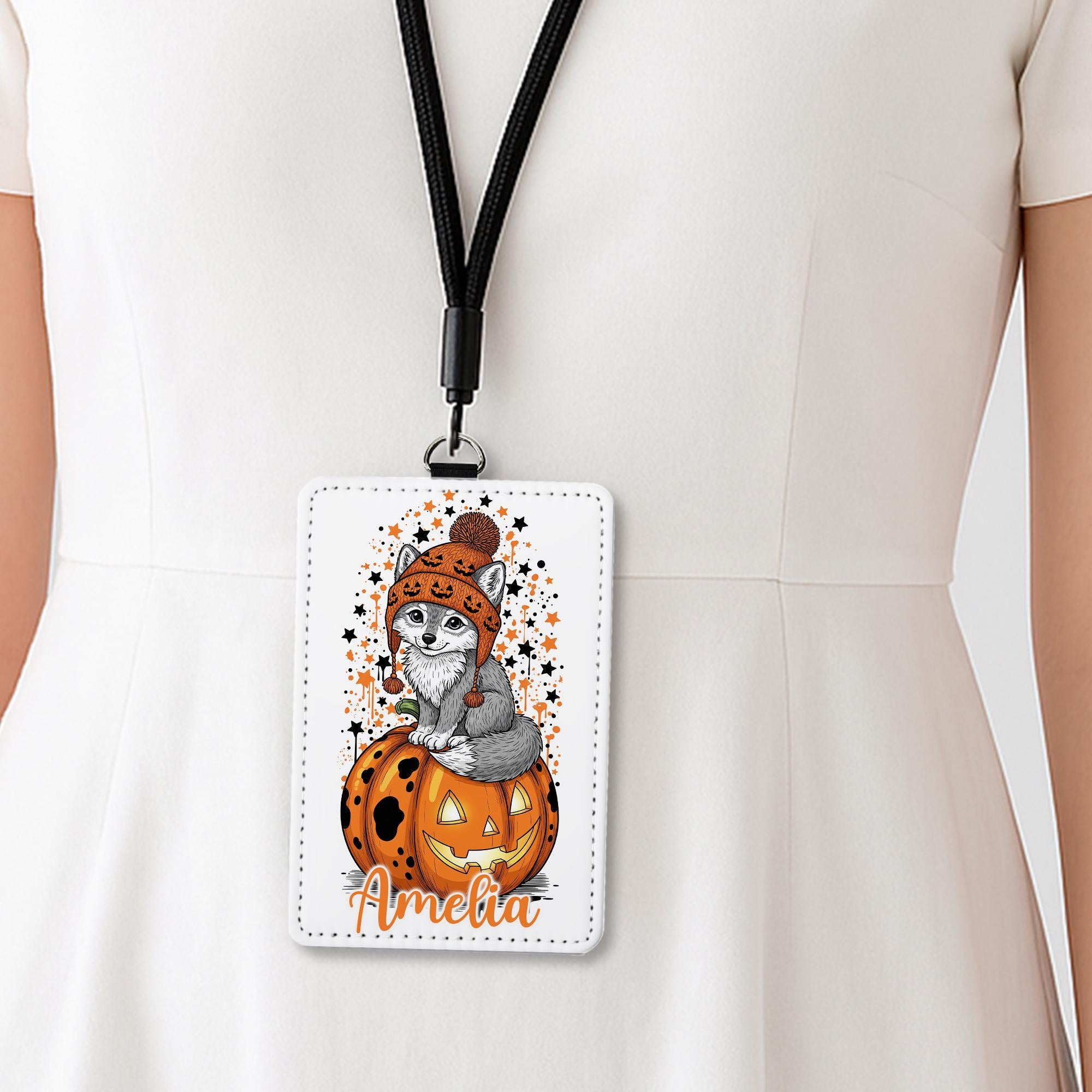 Personalized Halloween Wolf Badge Holder | Custom Pumpkin ID Lanyard | Cute Fall Name Tag | Spooky Teacher Gift | Autumn Work Accessory