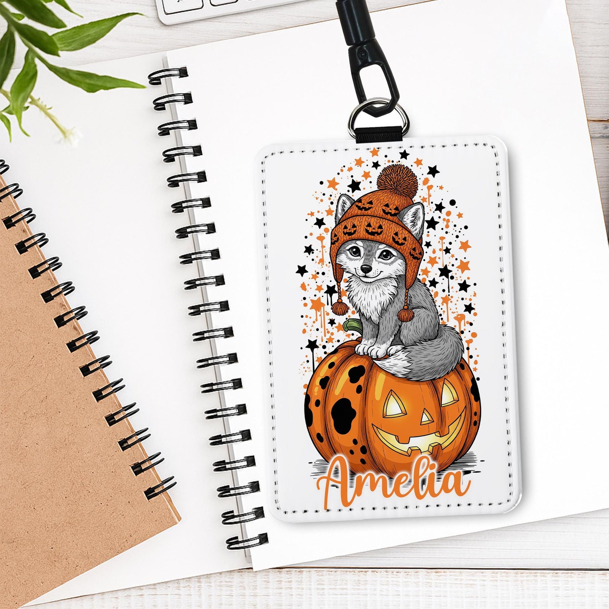 Personalized Halloween Wolf Badge Holder | Custom Pumpkin ID Lanyard | Cute Fall Name Tag | Spooky Teacher Gift | Autumn Work Accessory