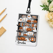Personalized Halloween Ghost Bookshelf Badge Holder | Custom Pumpkin ID Lanyard | Spooky Teacher Gift | Book Lover Fall Work Accessory
