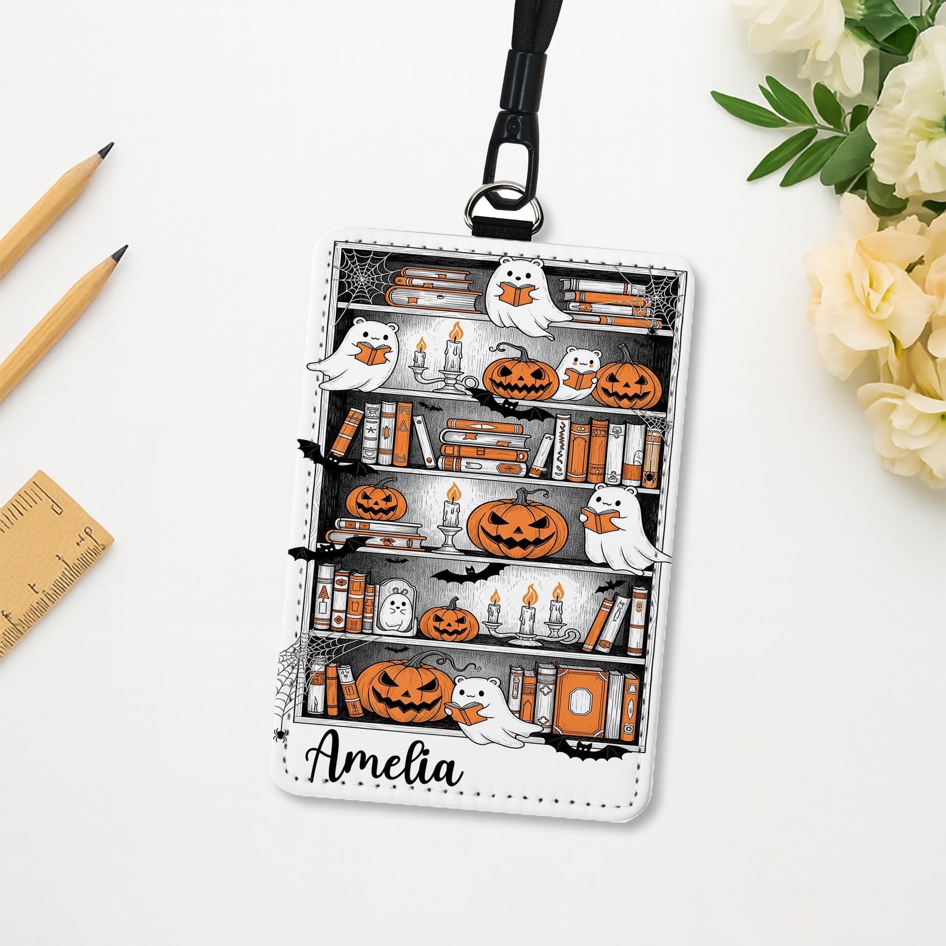 Personalized Halloween Ghost Bookshelf Badge Holder | Custom Pumpkin ID Lanyard | Spooky Teacher Gift | Book Lover Fall Work Accessory