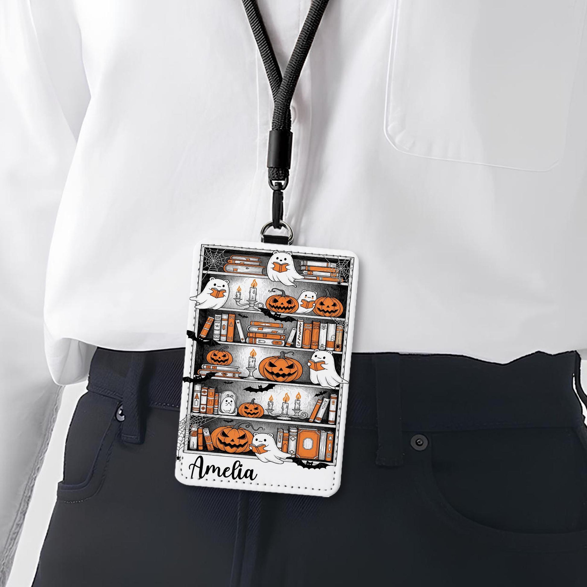 Personalized Halloween Ghost Bookshelf Badge Holder | Custom Pumpkin ID Lanyard | Spooky Teacher Gift | Book Lover Fall Work Accessory