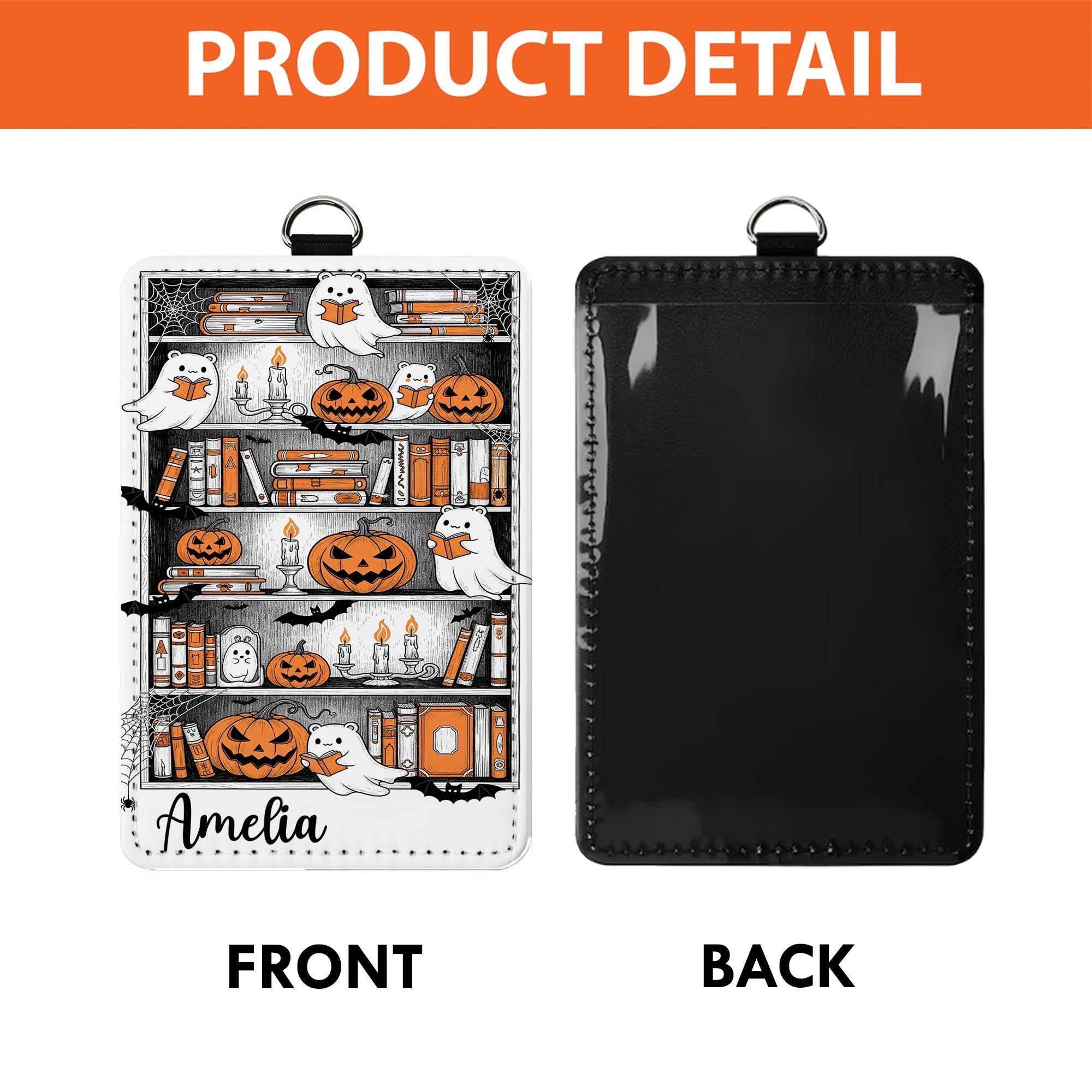 Personalized Halloween Ghost Bookshelf Badge Holder | Custom Pumpkin ID Lanyard | Spooky Teacher Gift | Book Lover Fall Work Accessory
