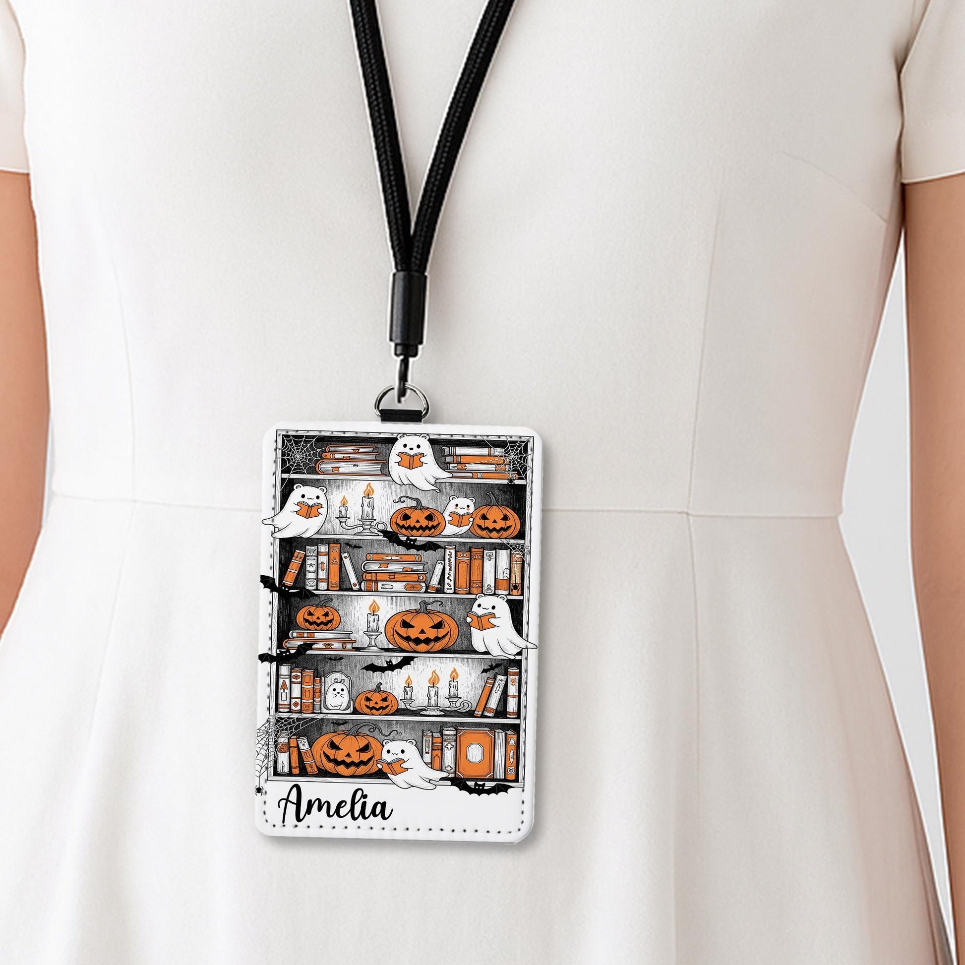 Personalized Halloween Ghost Bookshelf Badge Holder | Custom Pumpkin ID Lanyard | Spooky Teacher Gift | Book Lover Fall Work Accessory