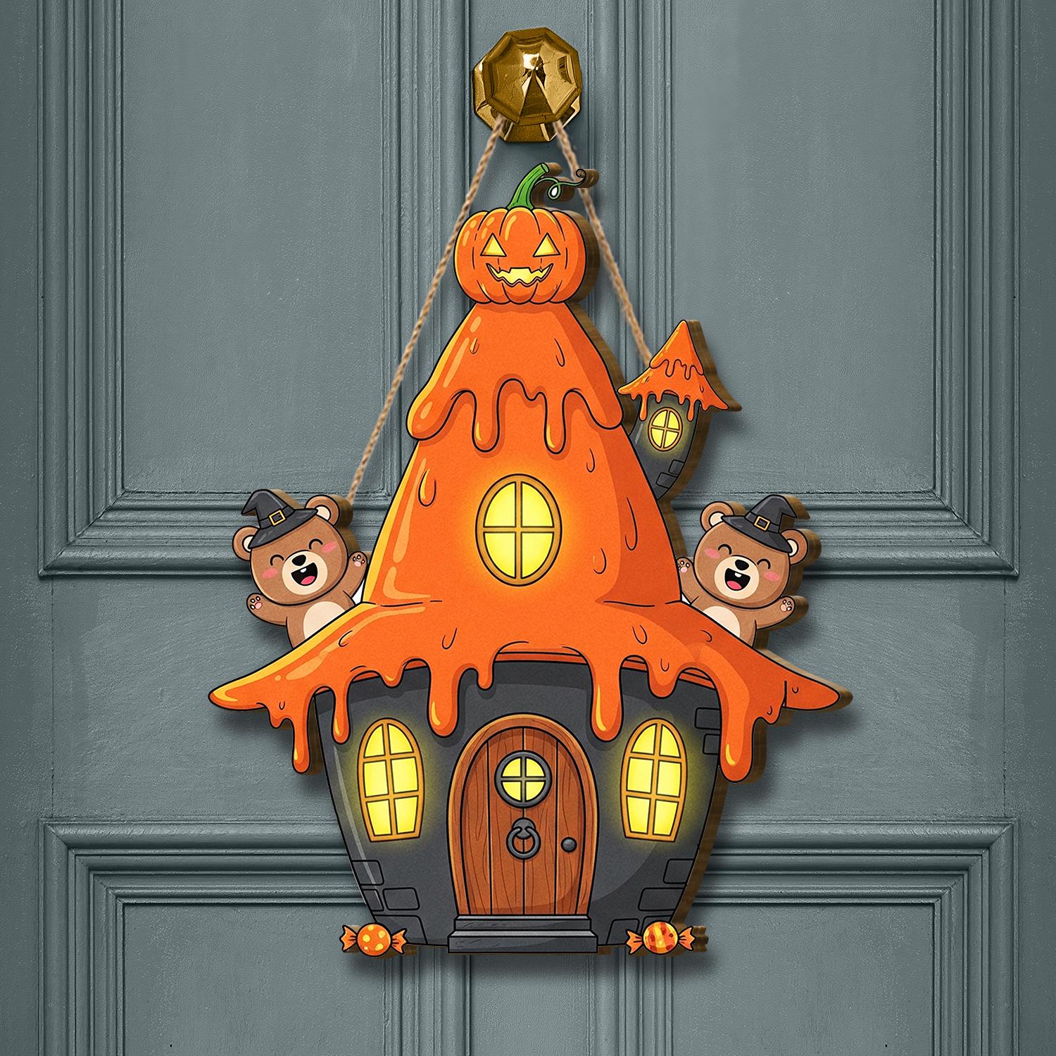 Halloween Pumpkin House Door Hanger | Cute Bear Haunted House Sign | Fall Porch Wall Decor | Spooky Front Door Decoration