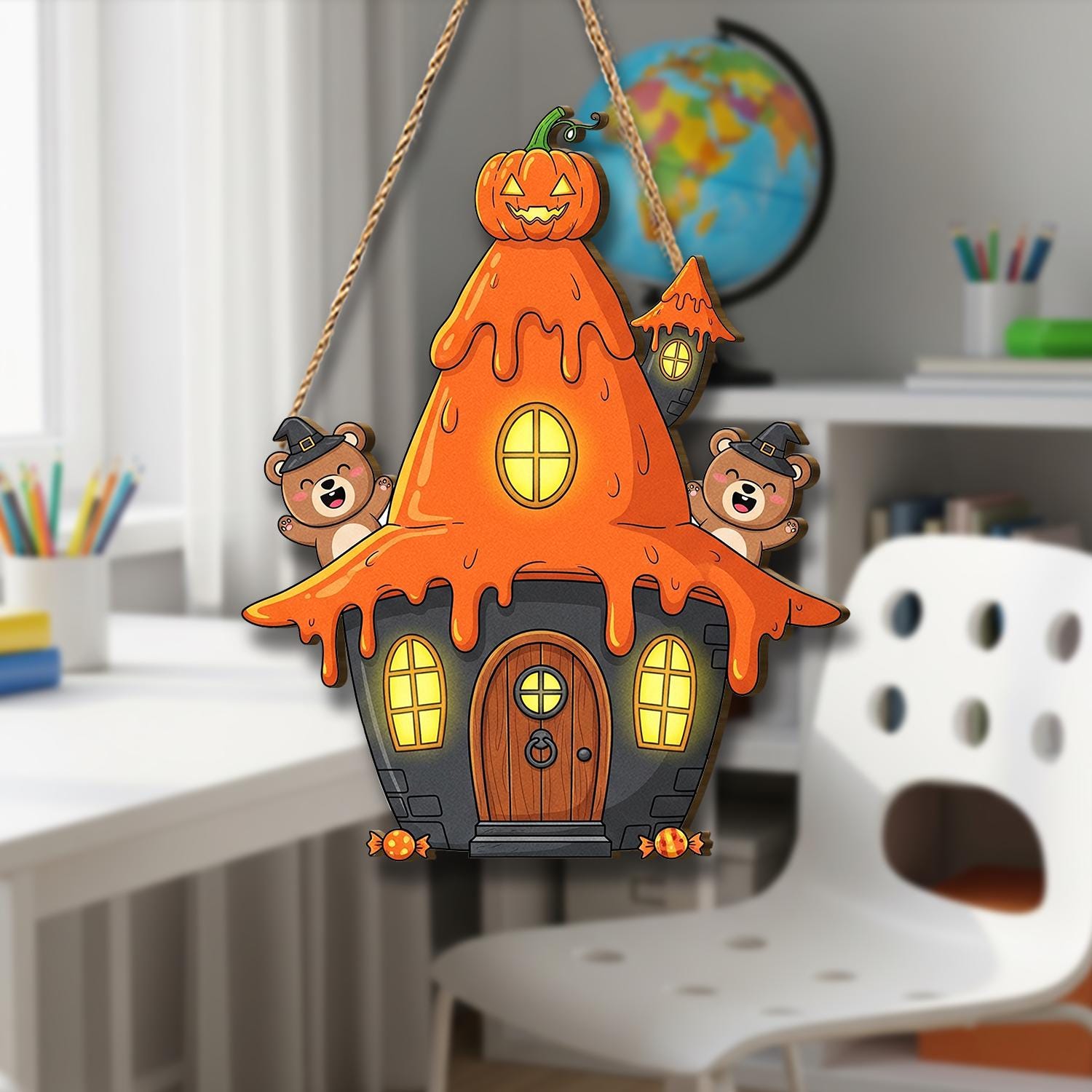 Halloween Pumpkin House Door Hanger | Cute Bear Haunted House Sign | Fall Porch Wall Decor | Spooky Front Door Decoration