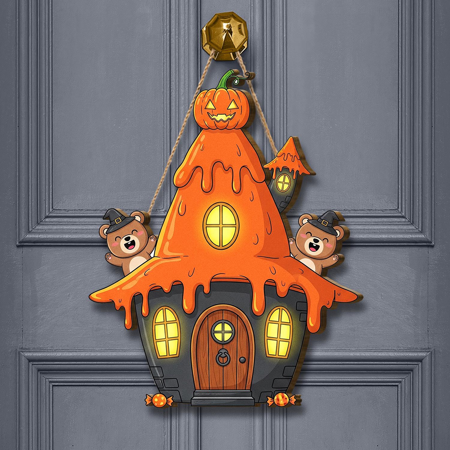 Halloween Pumpkin House Door Hanger | Cute Bear Haunted House Sign | Fall Porch Wall Decor | Spooky Front Door Decoration